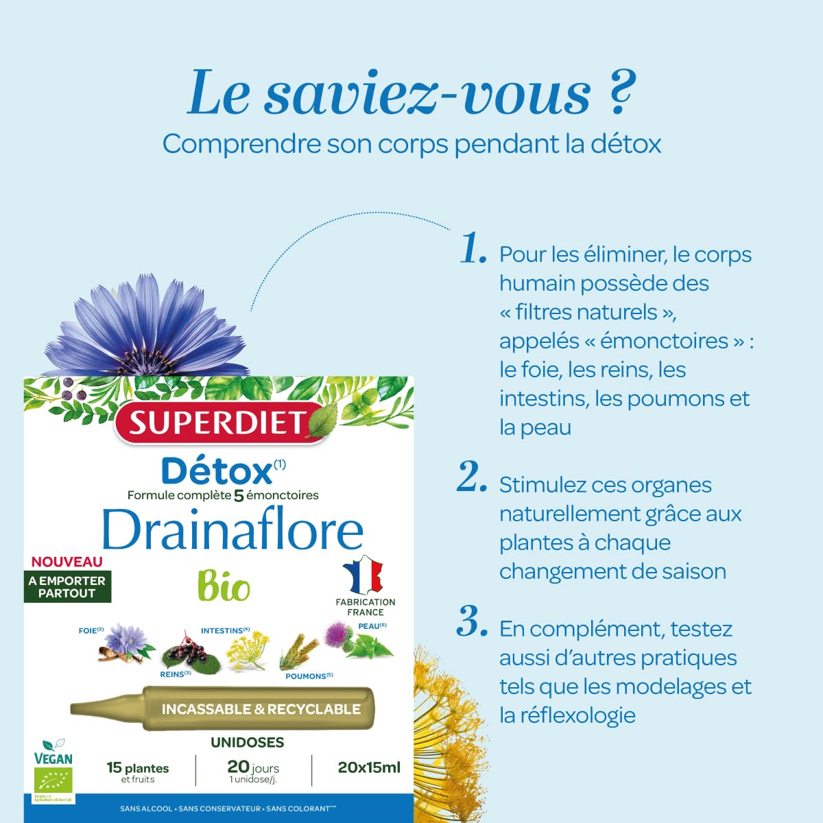 SUPERDIET- DRAINAFLORE BIO - Programme complet de détoxification des 5 émonctoires - Made in France -Format nomade-20 Unidoses de 15 ml