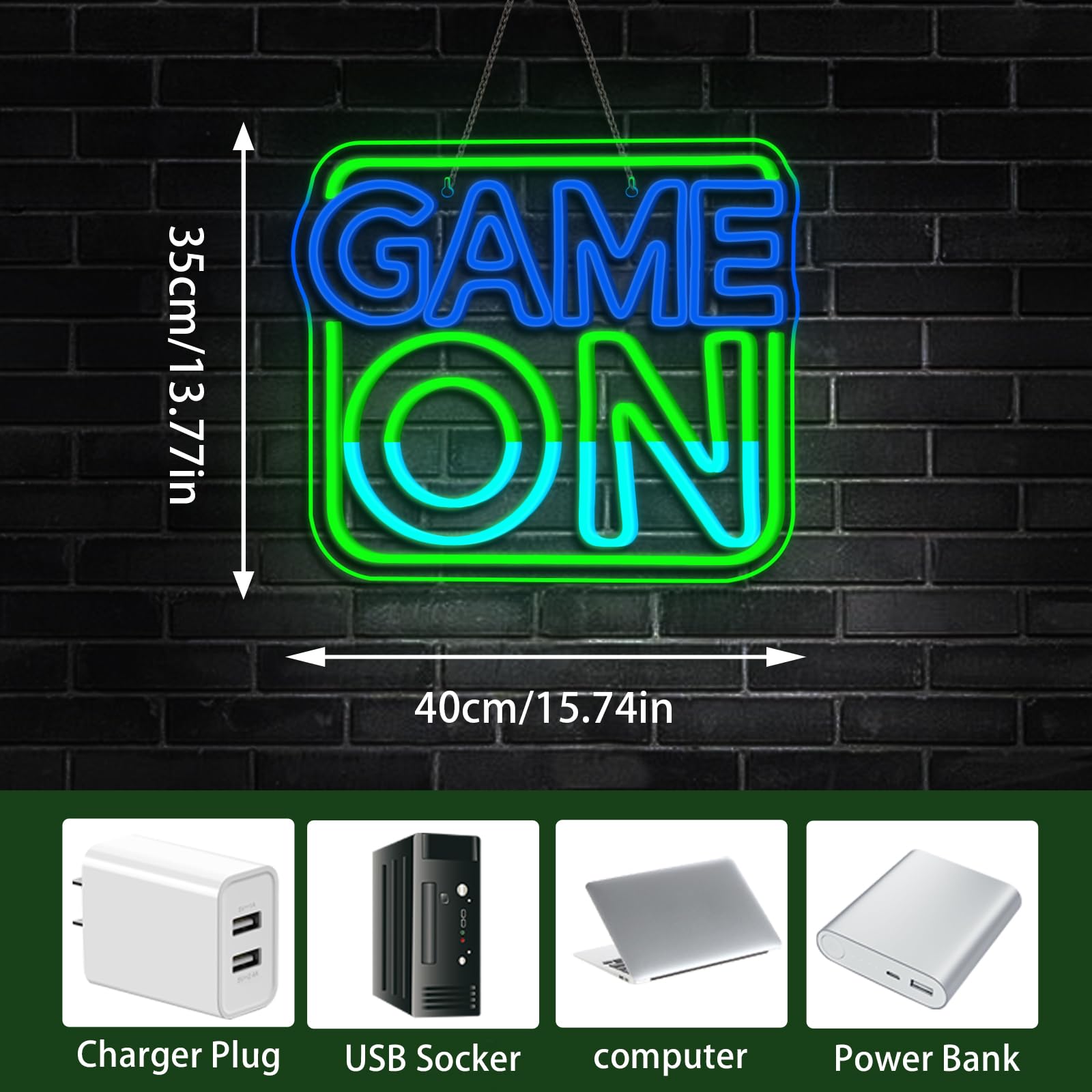 LUCUNSTAR Game On Neon - Targa da gioco Neon Sig per decorazione da parete, con scritta Game On al neon, dimmerabile, per gamer zocker fan dei bambini, zona di gioco, sala giochi