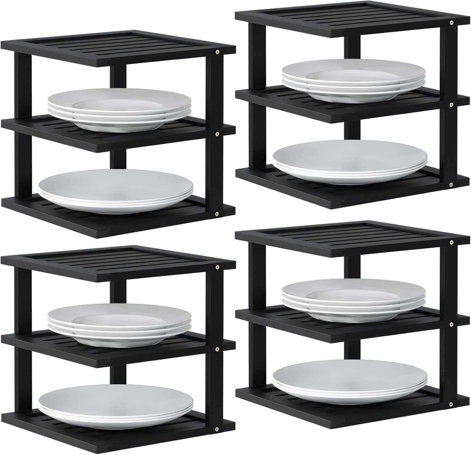 4 Pack Bamboo Corner Shelf,3 Tier Kitchen Cabinet Organizer for Plates and Dishes,Pantry Storage and Spice Rack（Natural）