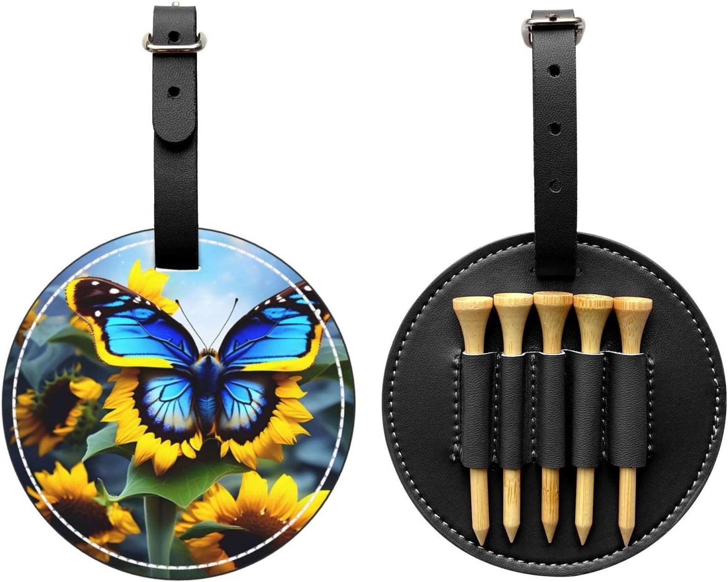 Sunflower Blue Butterfly Black Printed Golf tee Storage Bag - for Men only, Durable PU Material, Easy to Carry, Enhance The Golf Experience