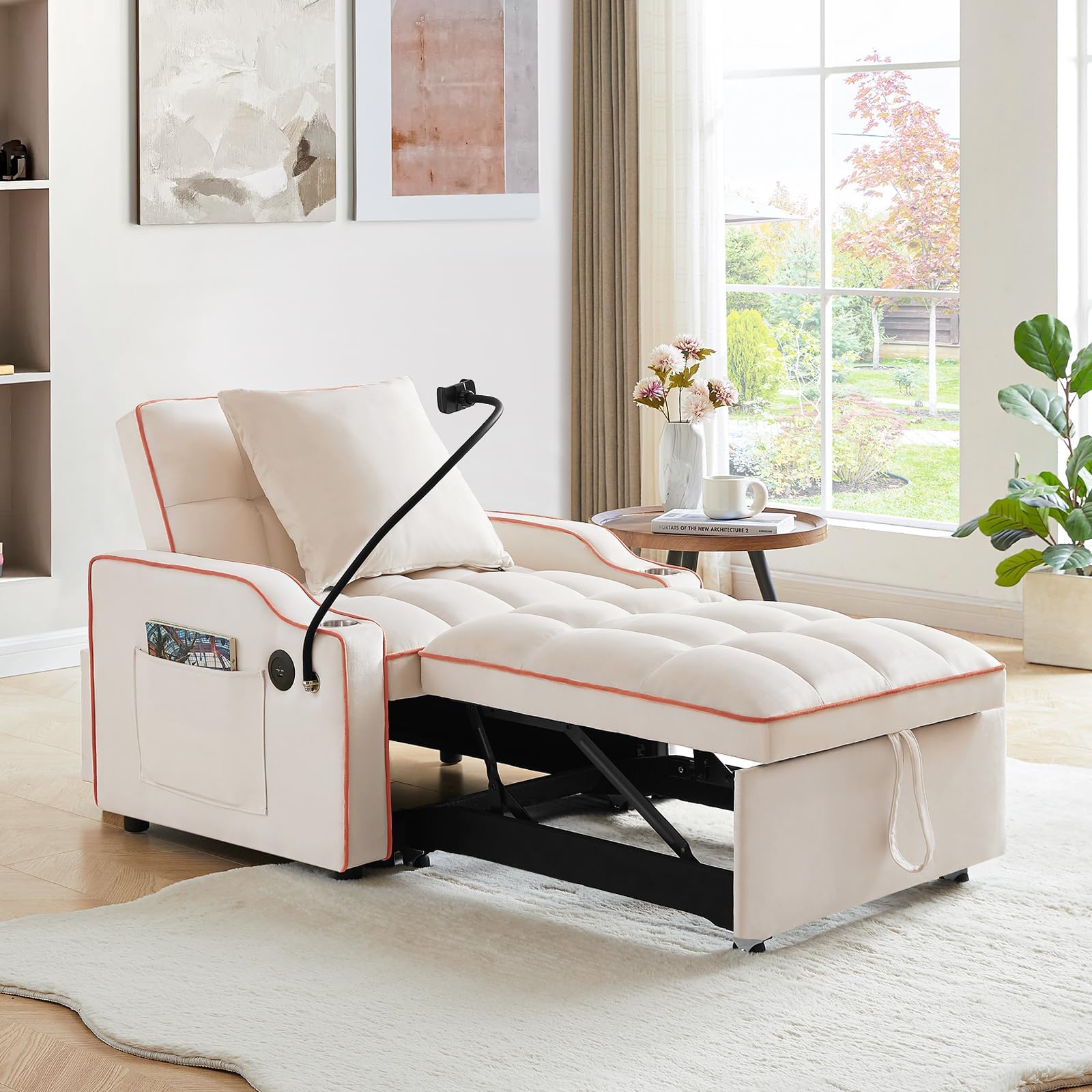 Sleeper Sofa Chair Bed, Convertible 3-in-1 Sofa Armchair, Adjustable Sleeper Chairs with Pullout Bed, Single Lounger Futon Chairs with Side Pockets for Living Room (Beige)