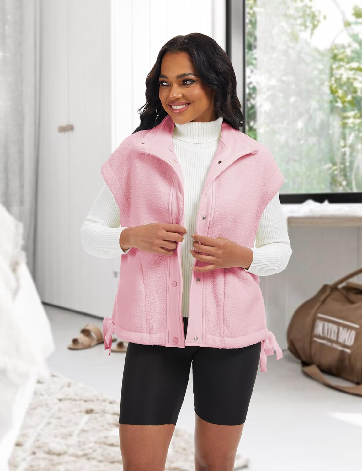 Sherpa Jacket for Women Casual Fleece Vest Oversized Sleeveless Outwear Warm Button Down Gilet with Pockets - Image 2