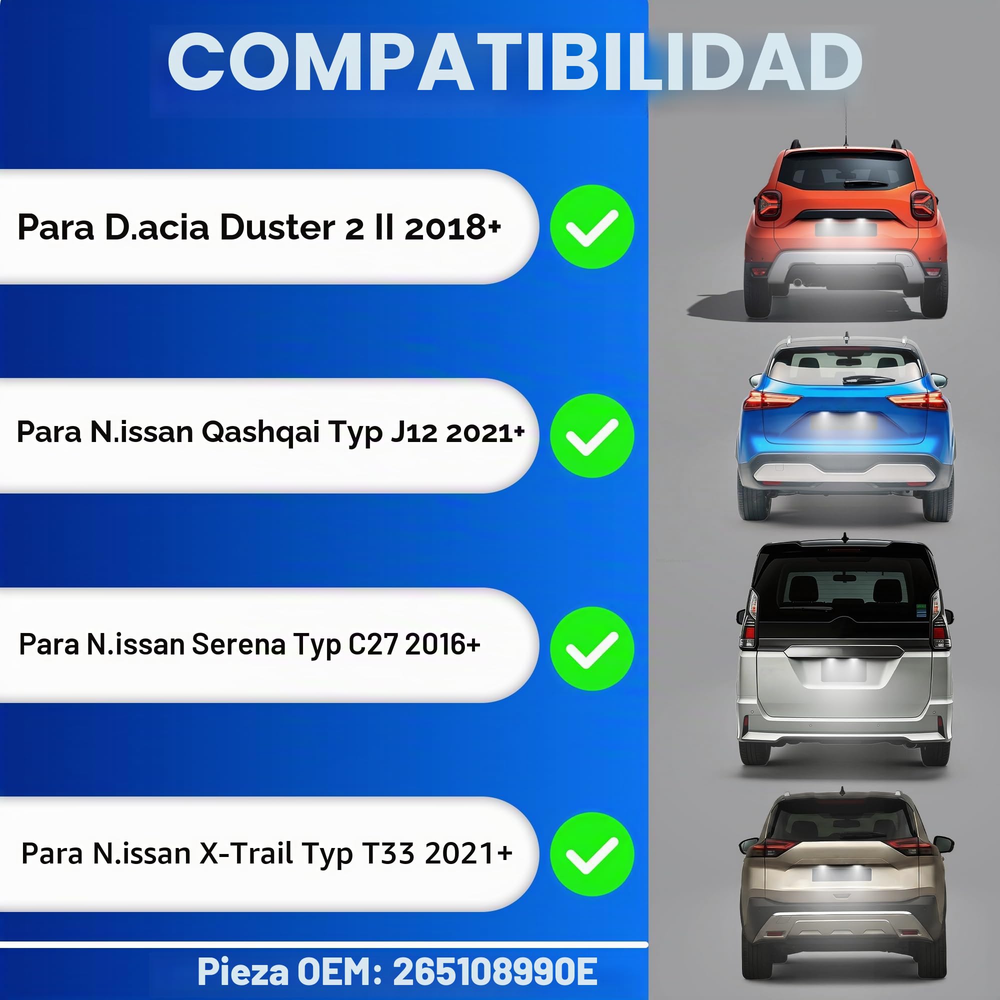 Luces LED para matrícula de matrícula para N-issan Altima 2019 2020 Serena C27 2016 en adelante Dacia Duster 2018 en adelante CANbus SMD Xenon blanco Tag Lamp OEM 265108990E