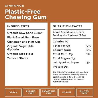 SIMPLY Gum Cinnamon, Plastic-Free Natural Chewing Gum, 6 Pack (90 Pieces) | Vegan, Kosher, Non GMO, Aspartame Free and Sorbitol Free