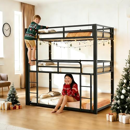 Heavy Duty Triple Bunk Bed, Twin Over Twin Over Twin Metal Bunkbeds with Ladder, Family-Friendly for All Ages, Bedroom, No Box Spring Needed, Easy Assembly, Black