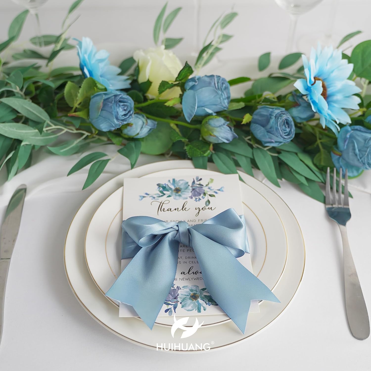 HUIHUANG Dusty Blue Ribbon 2 inch Wide Double Face Blue Satin Ribbon for Flower Bouquet, Dusty Blue Silk Satin Ribbons for Wedding Invitation, Gift Wrapping, Holiday Decor, Bows Making -25 Yards/Roll