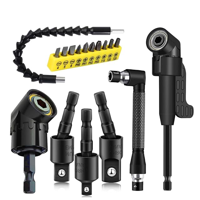 17Pcs Flexible Drill Bit Extension Include 3Pcs Rotatable Socket Adapter 2Pcs Hex Shank 105 Right Angle Drill Attachment
