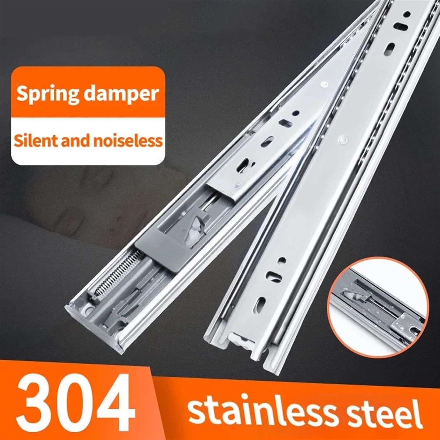 304 Stainless Steel Drawer Slide Three-Section Thickened Buffer Static Damping Guide((buffer1.0MM) 250mm)
