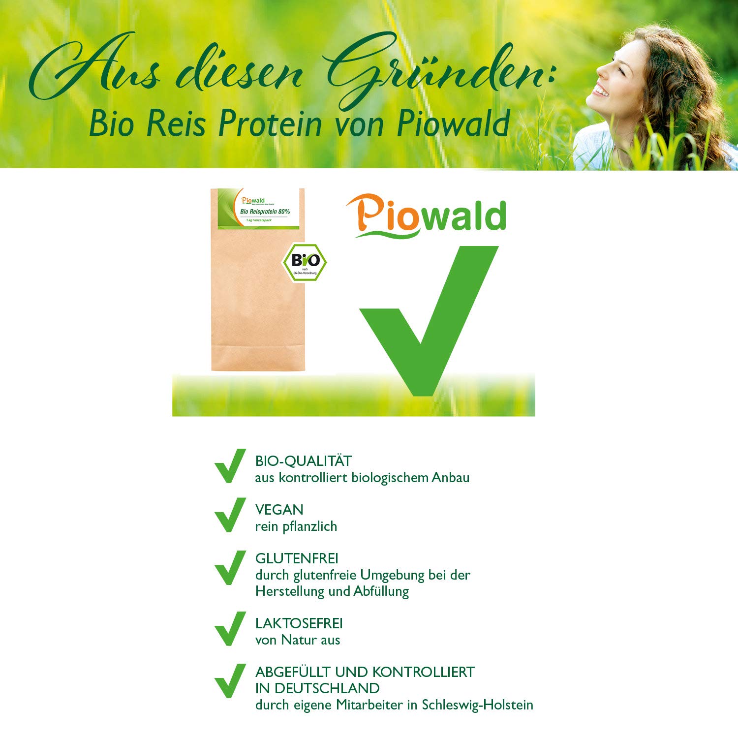 Piowald BIO Reisprotein - 1 kg Vorratspackung | Pflanzliches Eiweißpulver, Vegan und Glutenfrei
