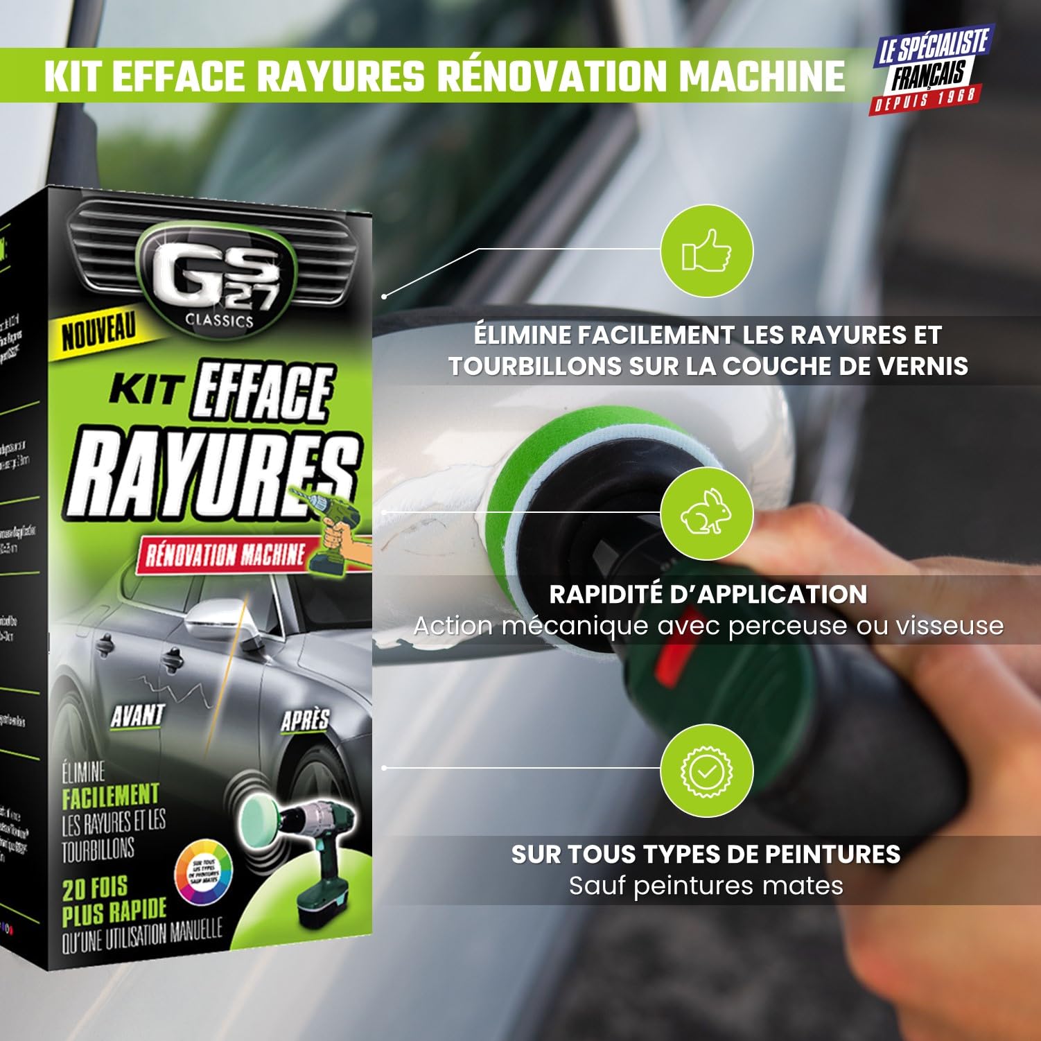 GS27 - Kit Efface Rayures Voiture en Mousse- À Utiliser Avec Une Perceuse - Élimine Facilement Les Rayures De La Carrosserie