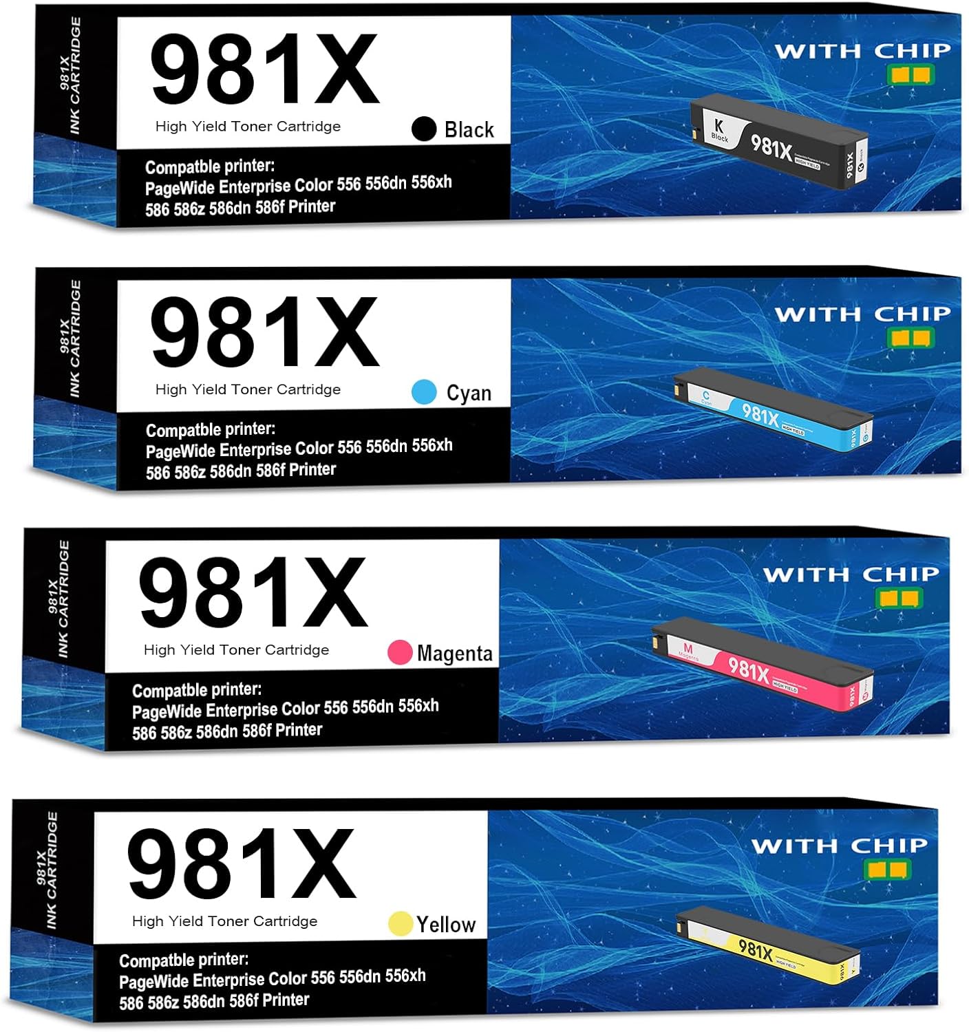High Yield 981X Ink Cartridges Compatble for HP 981X Ink Cartridge Use for PageWide Enterprise Color 556 556dn 556xh 586 586z 586dn 586f Printer (L0R12A L0R09A L0R10A L0R11A)