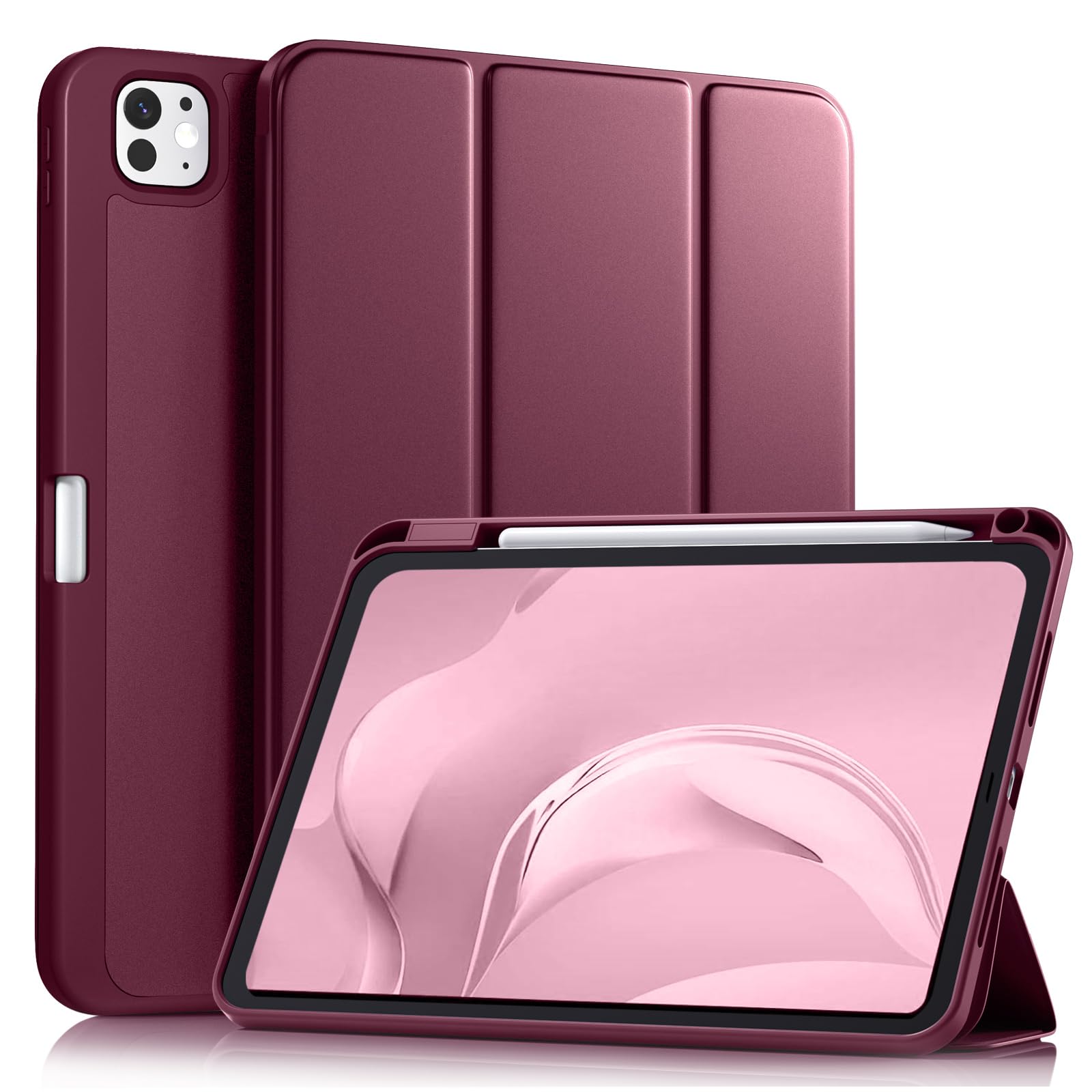 View 1 of Akkerds for iPad Pro 11 Inch Case (M5/M4) 2025/2024 6th/5th Generation with Pencil Holder, for iPad Pro Case 11 Inch with Trifold Stand Protective Cover/Soft TPU Back, Auto Wake/Sleep, Wine Red