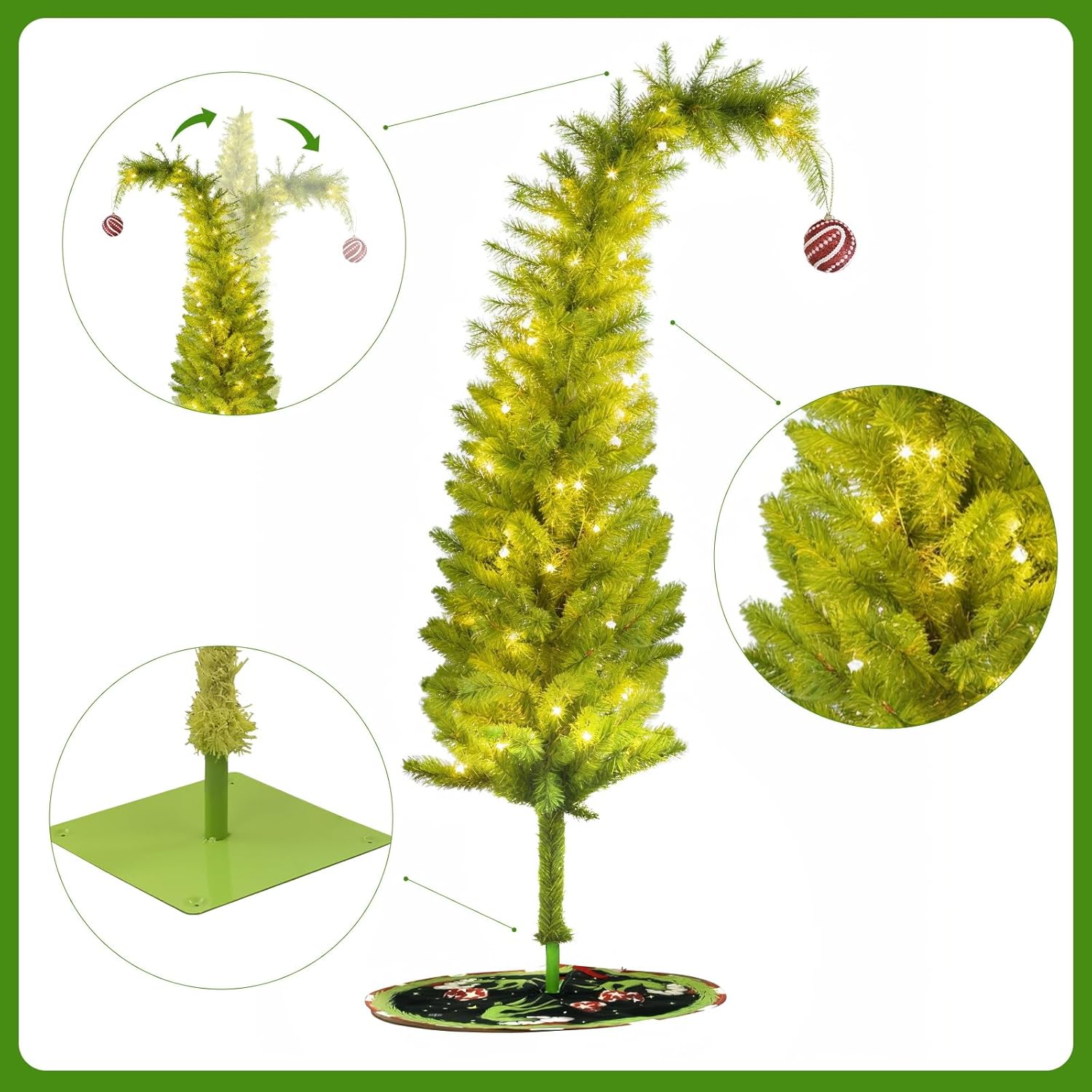 Whimsical Artificial Christmas Tree 6FT with 150 LED Timer Lights, Bendable Lime Green Christmas Tree with Timer Remote for Christmas Decorations Indoor/Outdoor or Porch Decor.