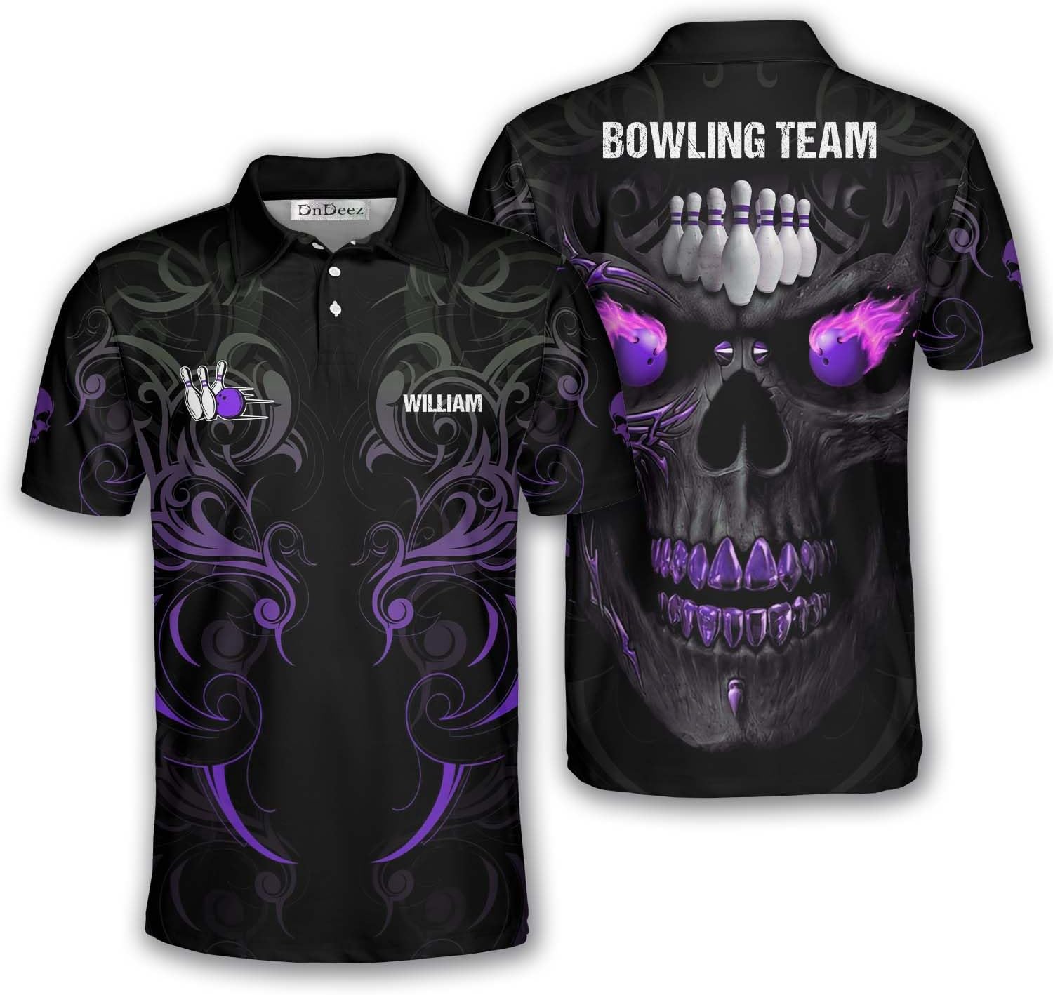 Custom Bowling Shirts for Men, 3D Print Bowling Shirts Unisex Polo Flaming Skull, Sizes S - 5XL