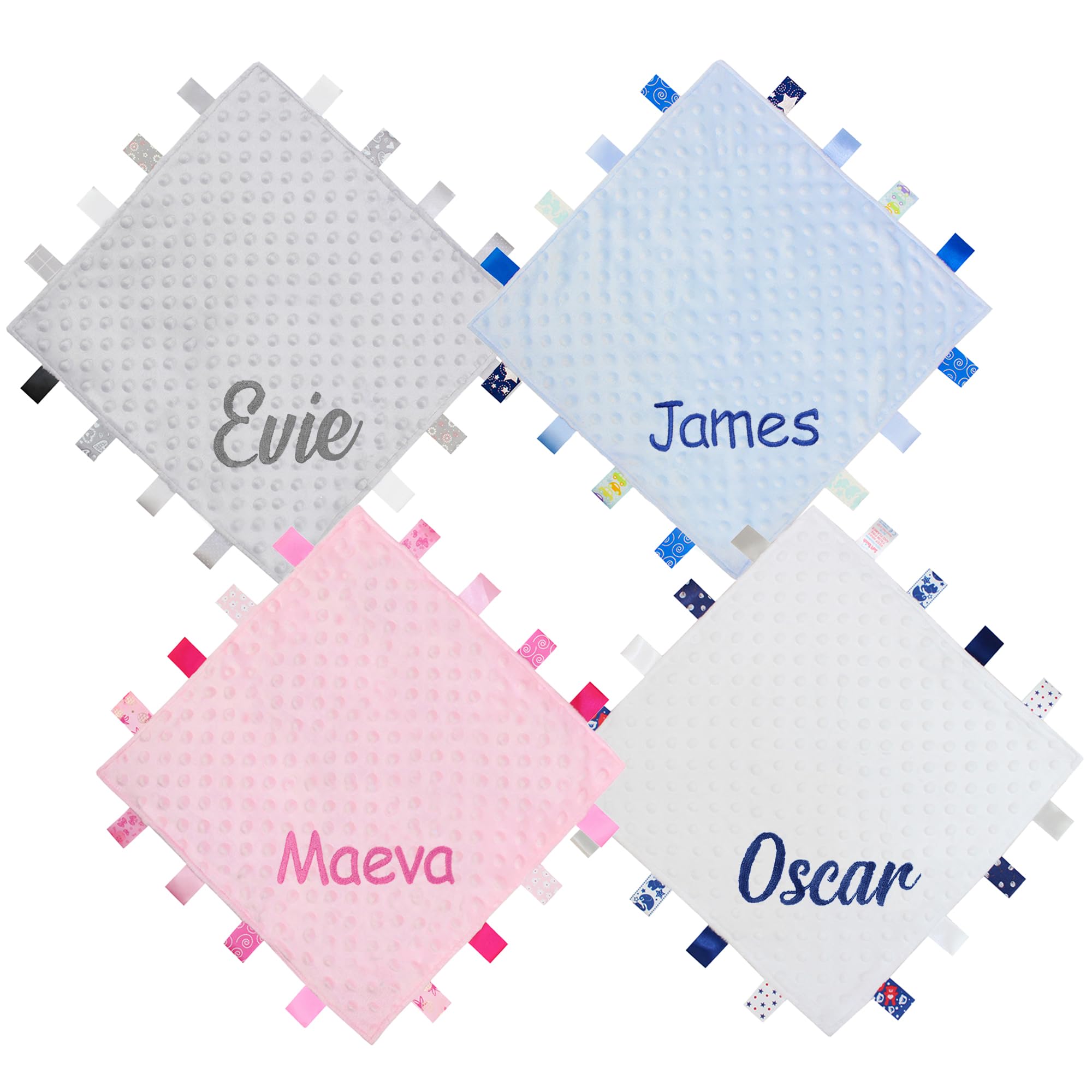 TeddyT's Personalised Baby Name Embroidered Ribbon Taggy Blanket Comforter in Blue, Pink, Grey or White with Satin Lining (Baby Blue)
