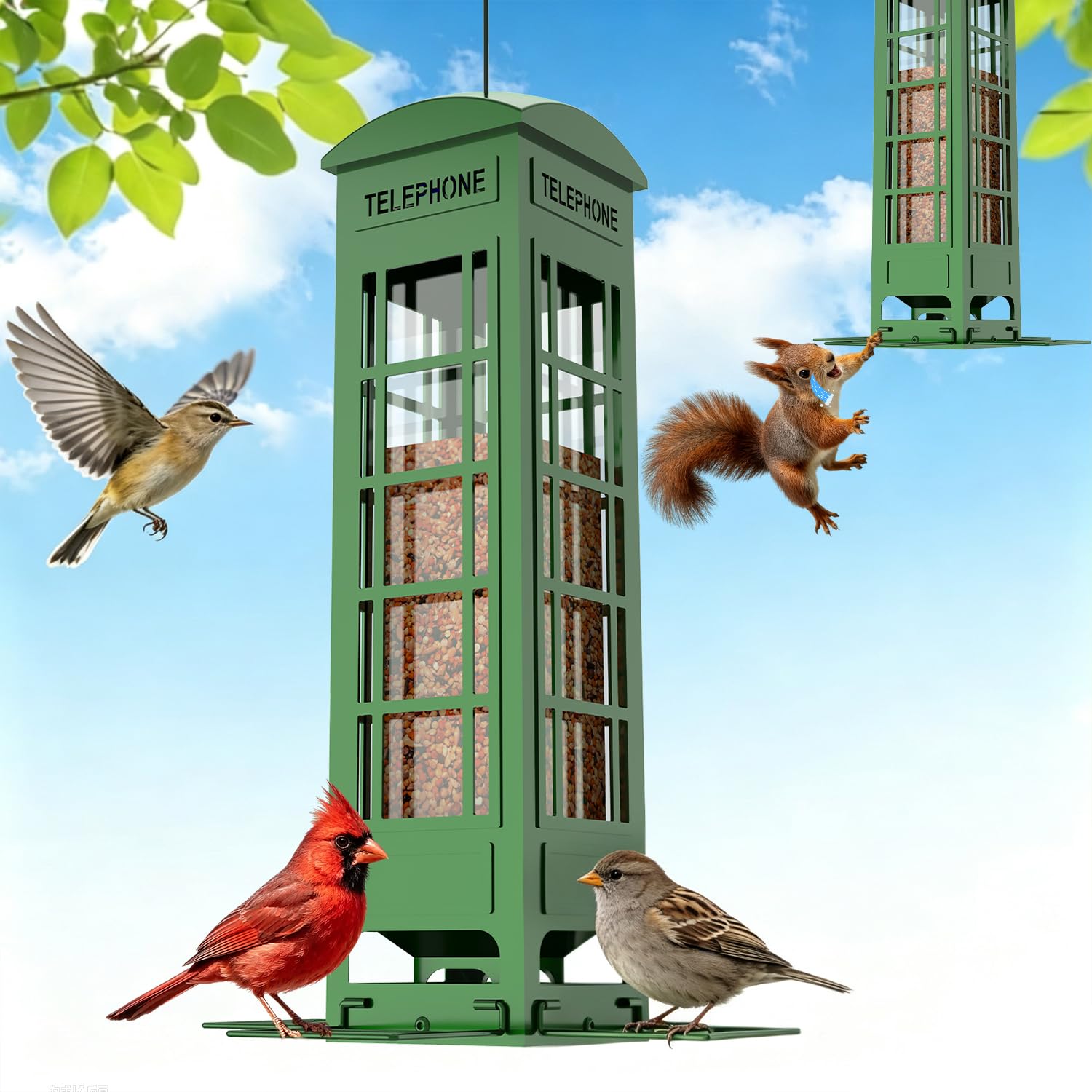 Eichhörnchensichere Vogelfutterstation mit gewichtsaktivierten Sitzstangen, Metall-Balkon-Vogelfutterspender zum Aufhängen im Freien, Netzfutter für Wildvögel, Samenfutterstation für draußen, Kardinal