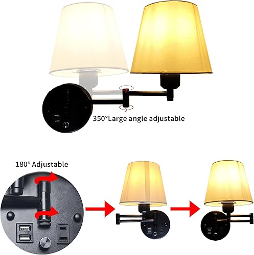 Miniatura 4 de Lámparas de noche montadas en la pared con USB y enchufe de 2 pines, juego de 2 apliques de dormitorio con cable e interruptor, aplique de pared