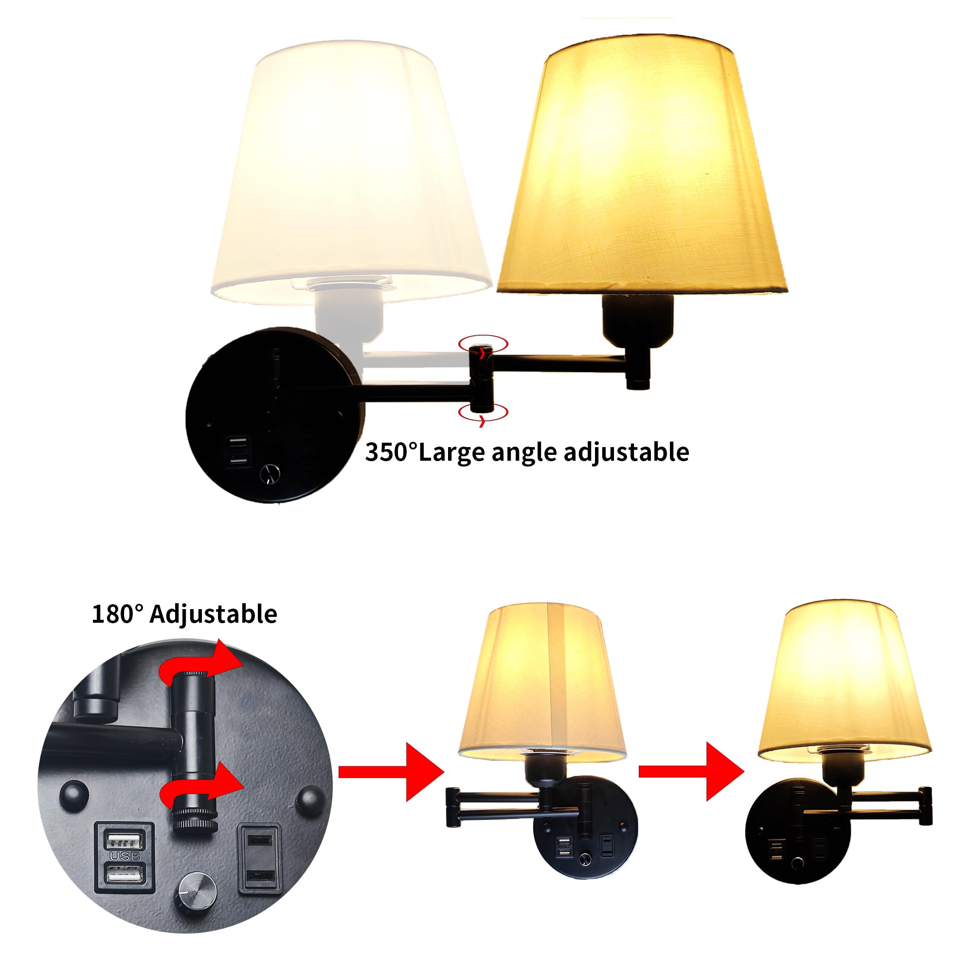 Plug in Wall Light for Bedroom with USB Socket,E27 Base Dimmable Bedside Wall Lamp with Cord and Switch,Black Wall Sconce White Linen Fabric Shade for Reading Lounge Cloakroom(Bulb not included) - Image 4