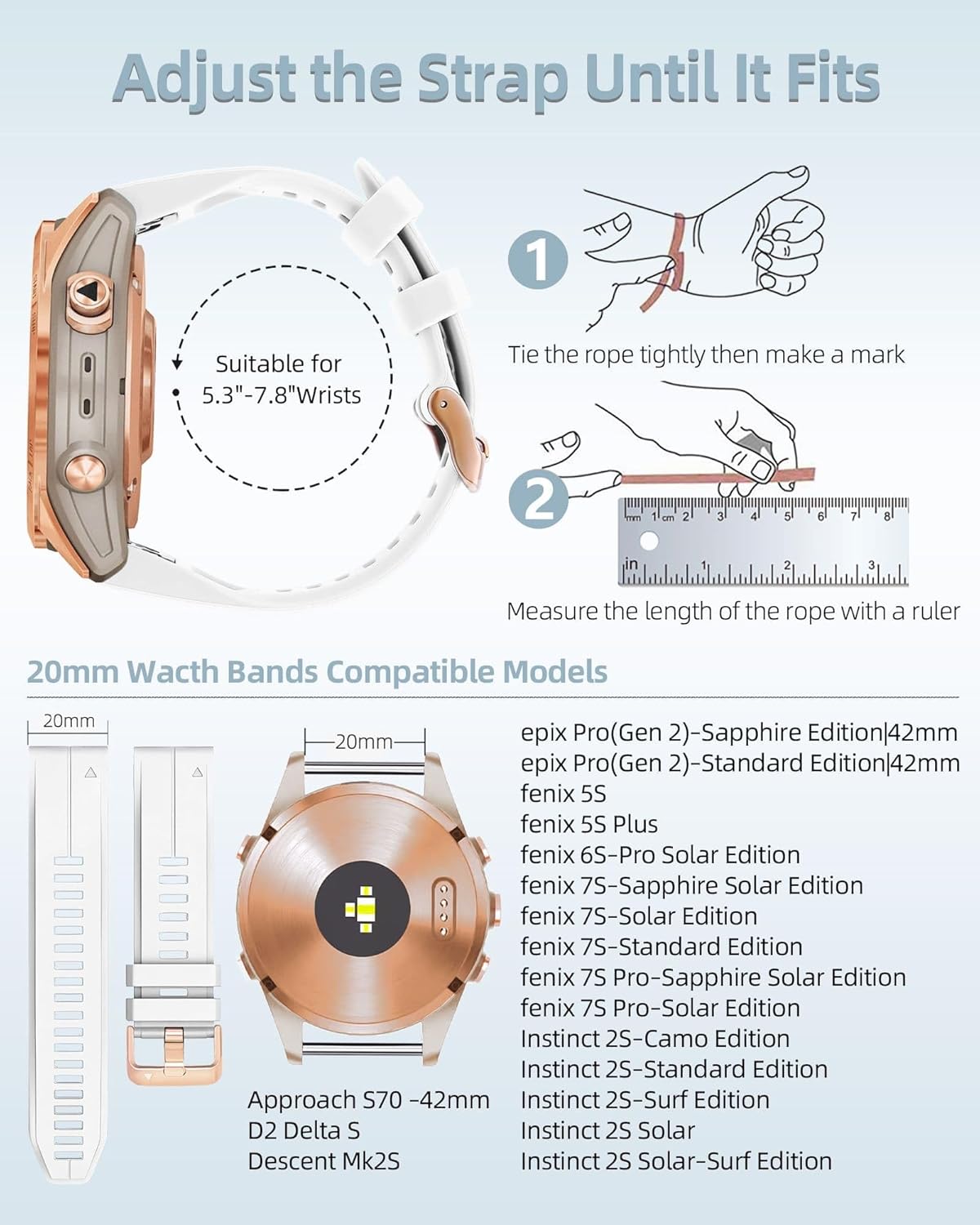 20mm Watch Band for Garmin fenix 5s fenix 6s fenix 7s pro sapphire quickfit 20 bands Replacement for garmin epix 2 42mm standard strap Rose Gold women men