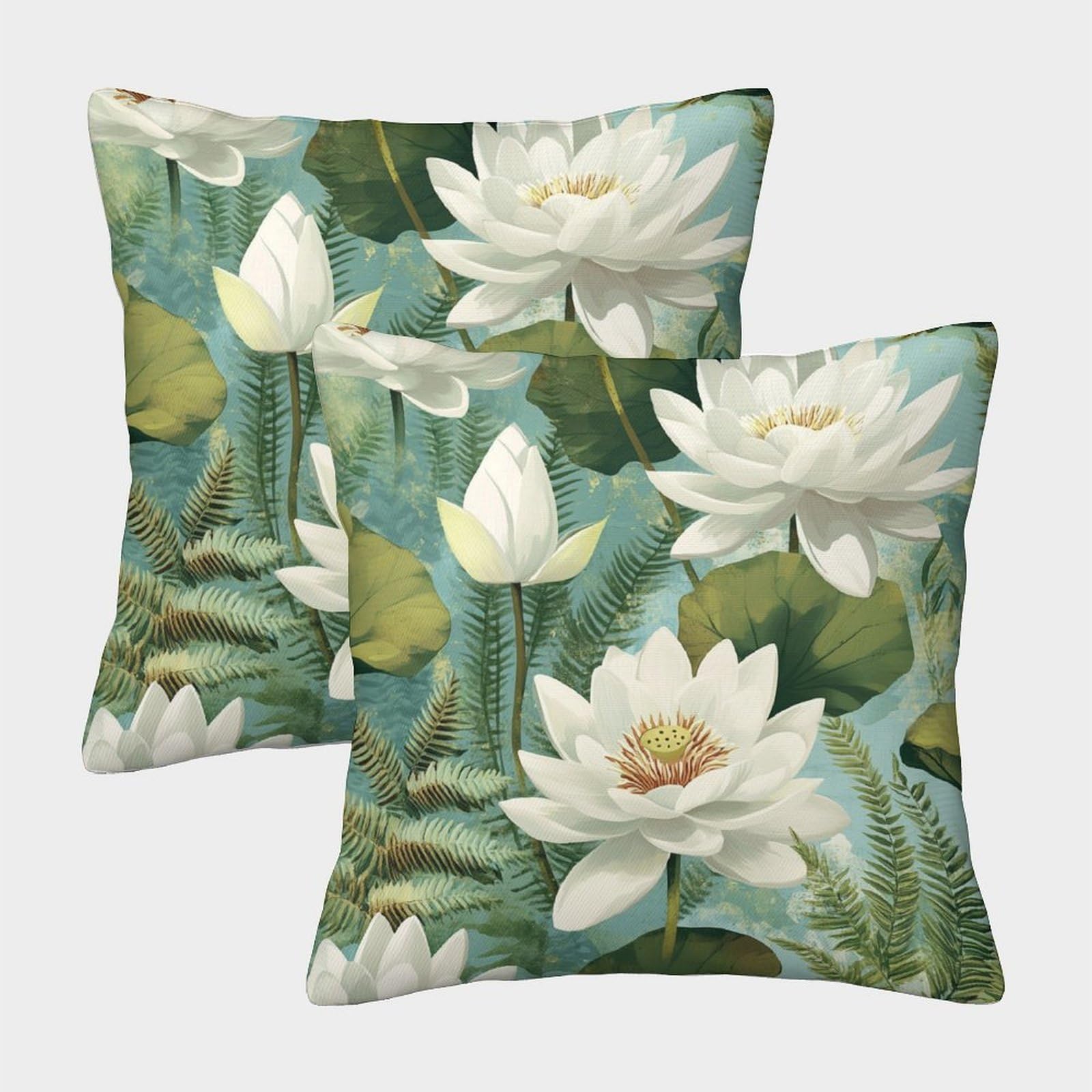 kaiyun 2 Pack White Lotus And Fern,Floral Pattern Square Pillow Cover Cushion Cover 45x45cm Suitable for Sofa Bed Chair,3D Pattern