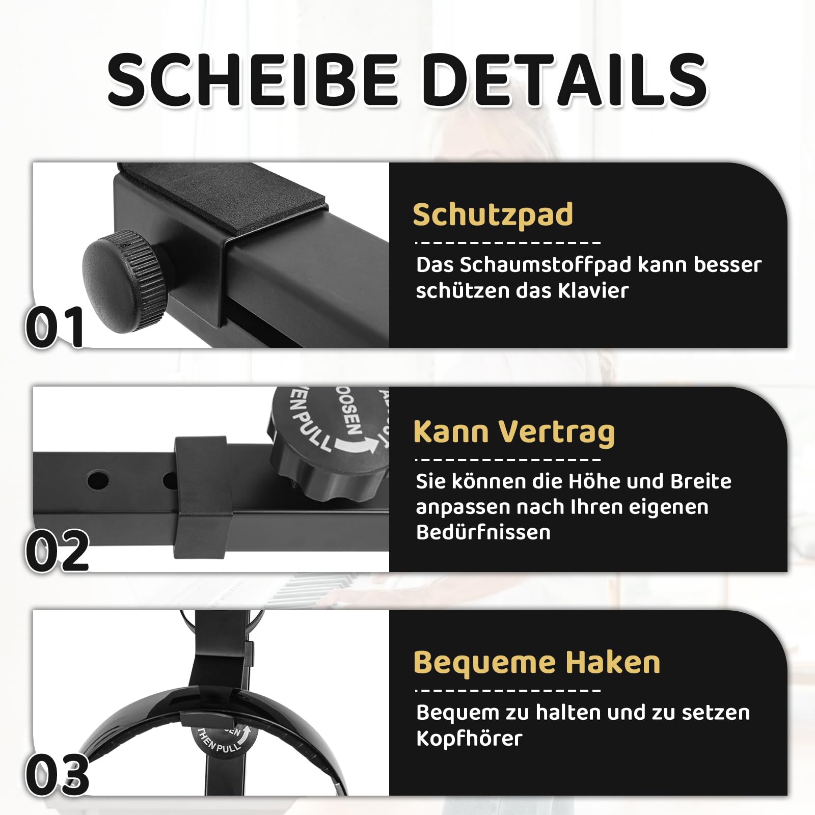Keyboardständer, Z-Form Klavierständer, Robuster &Tragbarer Digitalpianoständer, Verstellbarer Klavierständer mit 4 Rollen & Kopfhörerhaken,Geeignet für Digitalpianos mit 54-88 Tasten, Schwarz
