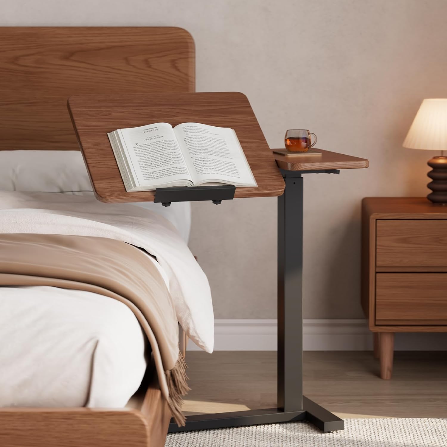 Solid Wood Overbed Bedside Table with Wheels, Tilting Adjustable Hospital Bed Table Over The Bed, Medical Mobile Laptop Stand, Rolling Standing Desk for Hospital and Home Use(Walnut)