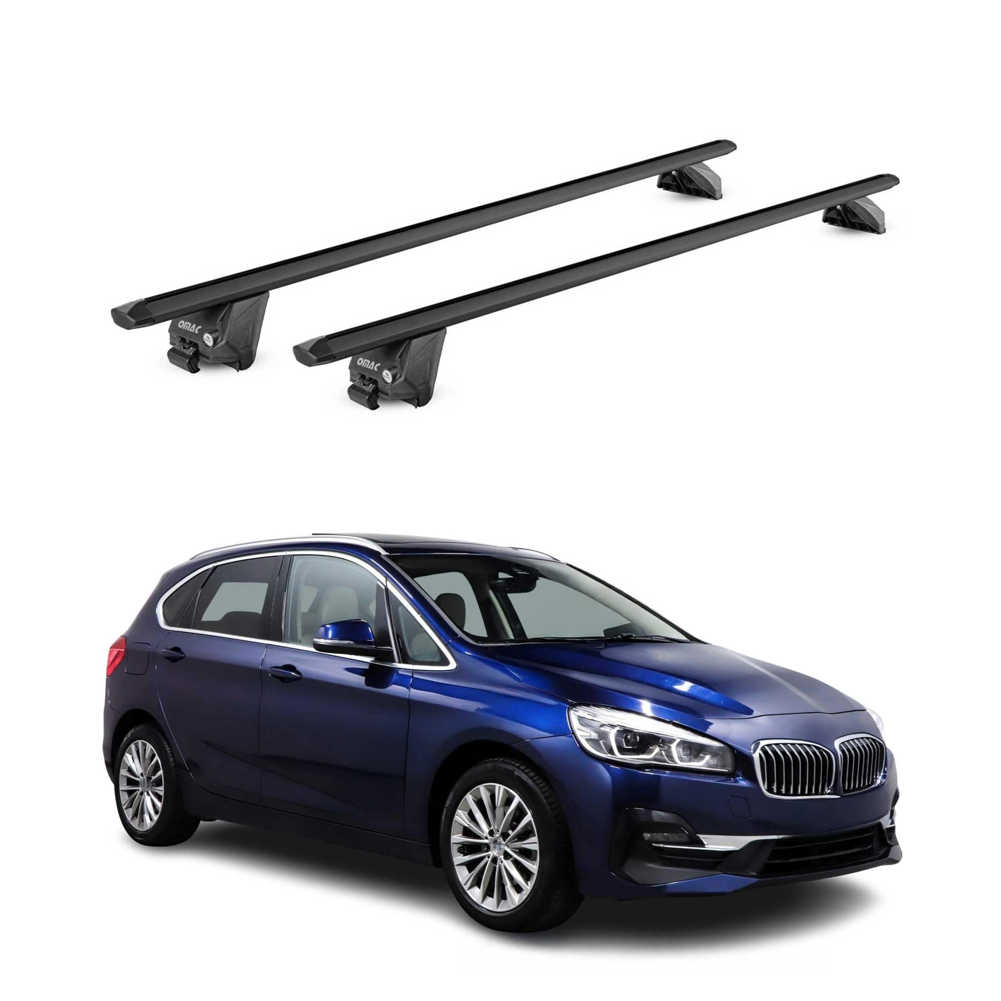 OMAC Dachträger Aluminium TÜV geprüft für BMW 2er Active Tourer F45 2014-2021 – Für integrierte Dachreling – T Nut – Max 100 kg – 2 Schlösser Schwarz