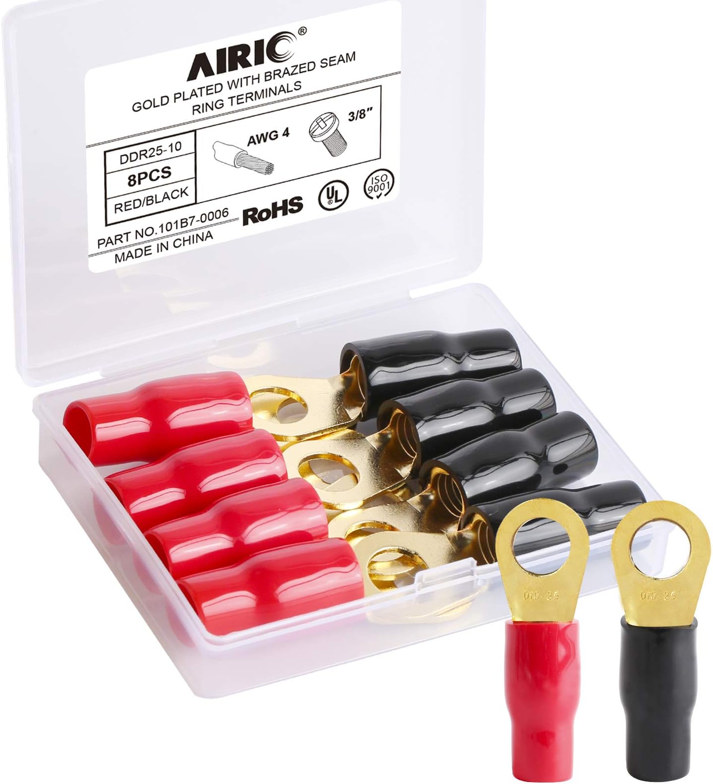 AIRIC 4 AWG - 3/8" Stud (M10) Gold Plated Copper Ring Terminals Kit, 8 Pcs Crimp Battery Cable Lugs, Heavy Duty Wire Connector Ends, Electrical Wiring Battery Terminal Connectors with Soft Boots