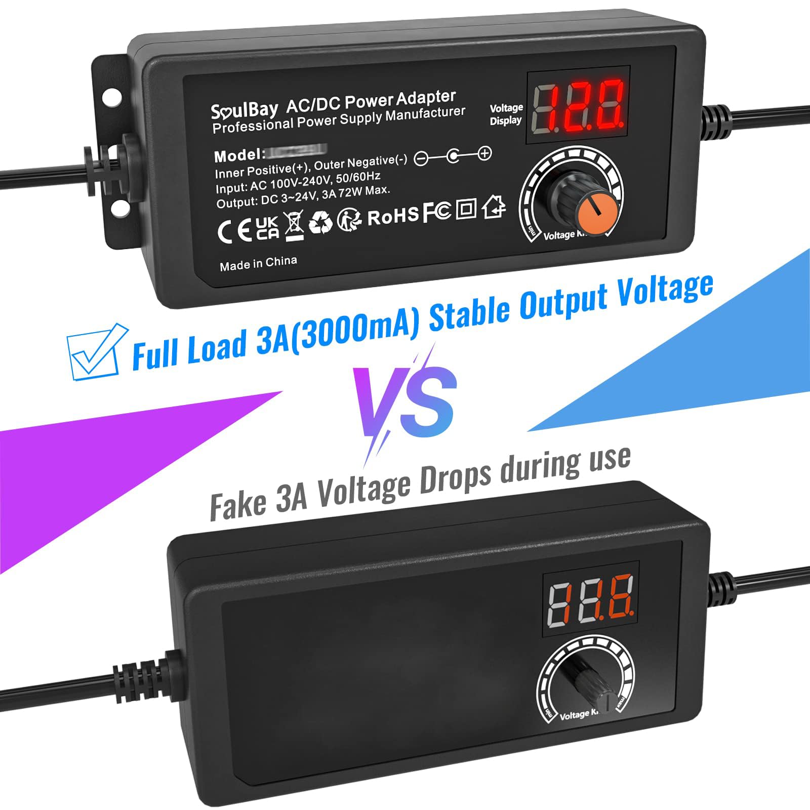 SoulBay 24V Chargeur Universelle, 72W AC/DC Adaptateur Alimentation Transformateur avec 14 Embouts DC et Câble de Polarité Inversée pour Caméra électronique Domestique – 3000 mA Max.