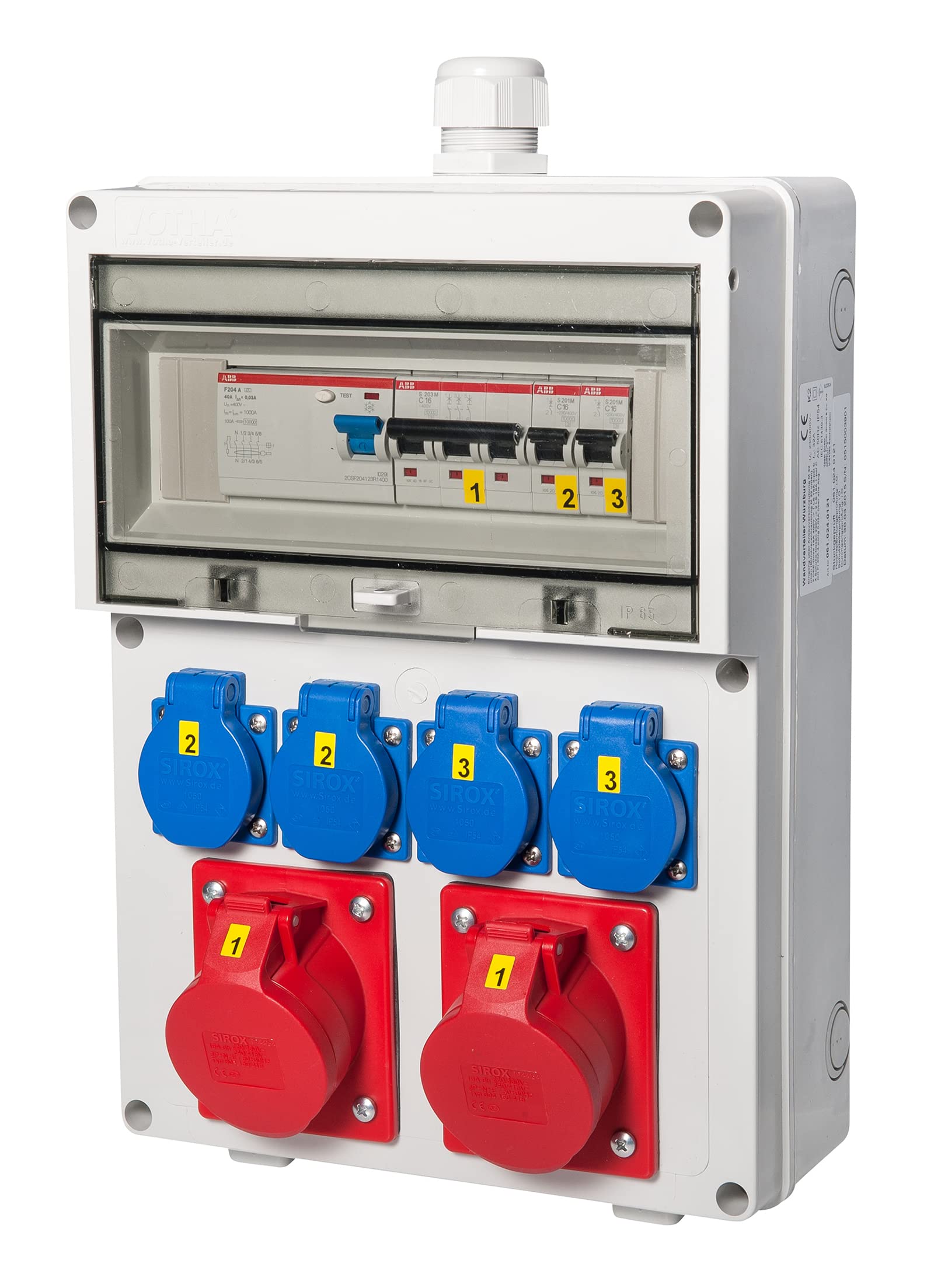 Wandverteiler - verdrahtet"WÜRZBURG" mit FI-Schalter Steckdose 230 V~ 4, CEE 16 A, 400 V~ 2, CEE 32 A, 400 V~ ohne, LS 16 A, 1-polig, C 2, LS 16 A, 3-polig, C 1, LS 32 A, 3-polig, C ohne