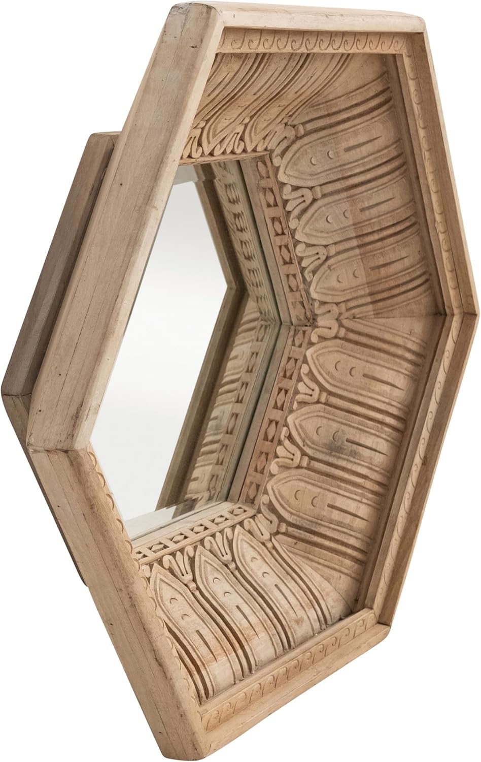 Creative Co-Op Hand-Carved Mango Wood Hexagon Wall Mirror, Sun-Bleached Finish