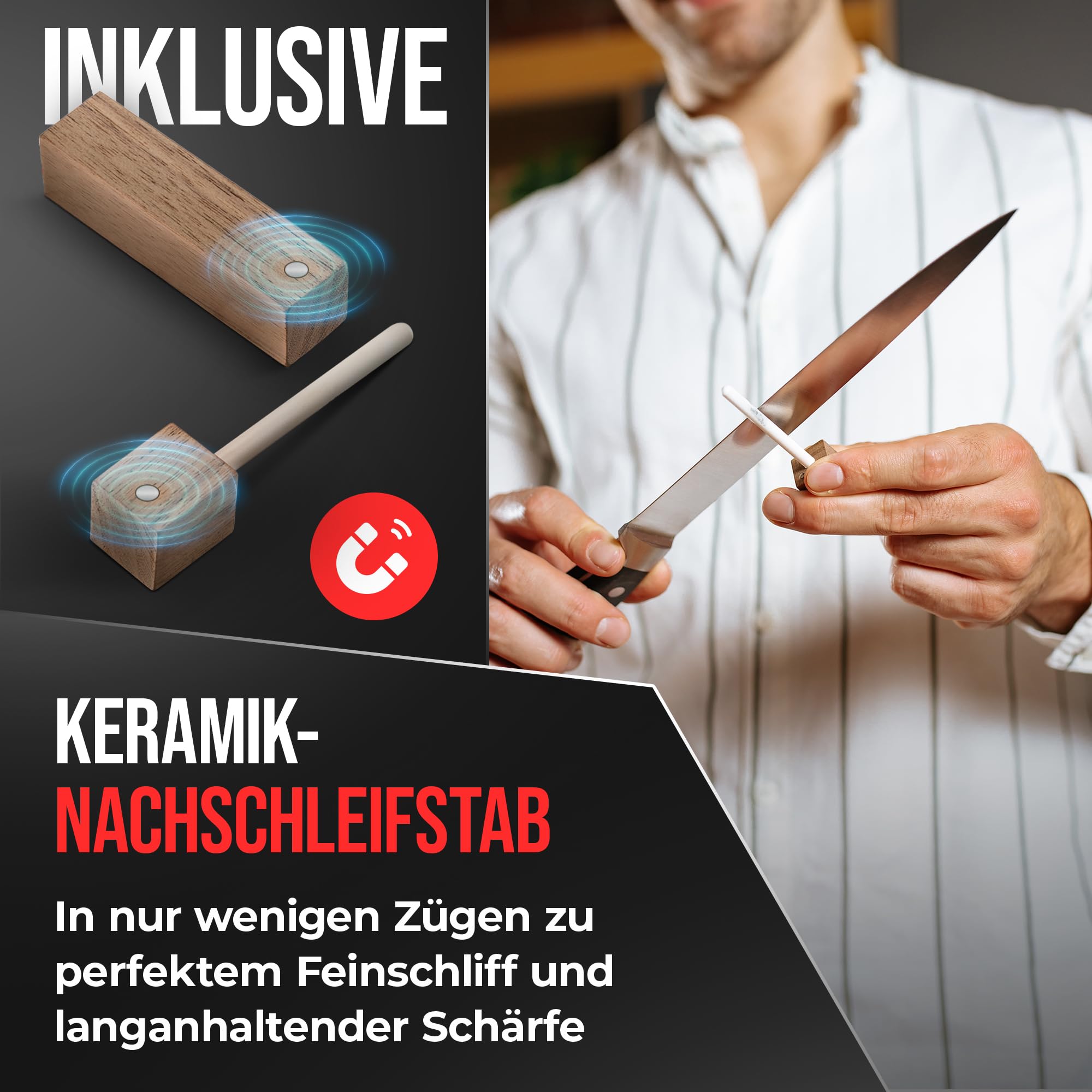 Messerschärfer [Walnuss] – Messerschleifer für glatte & gewellte Messer inkl. Keramik-Nachschleifstab | Scherenschleifer, Messer & Scheren-Schärfer | Knife Sharpener