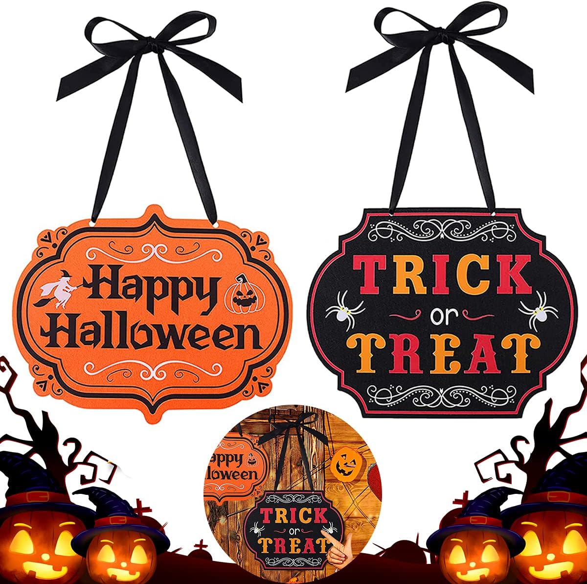 2 Pcs Happy Halloween Trick or Treat Hanging Sign Halloween Felt Wall ...