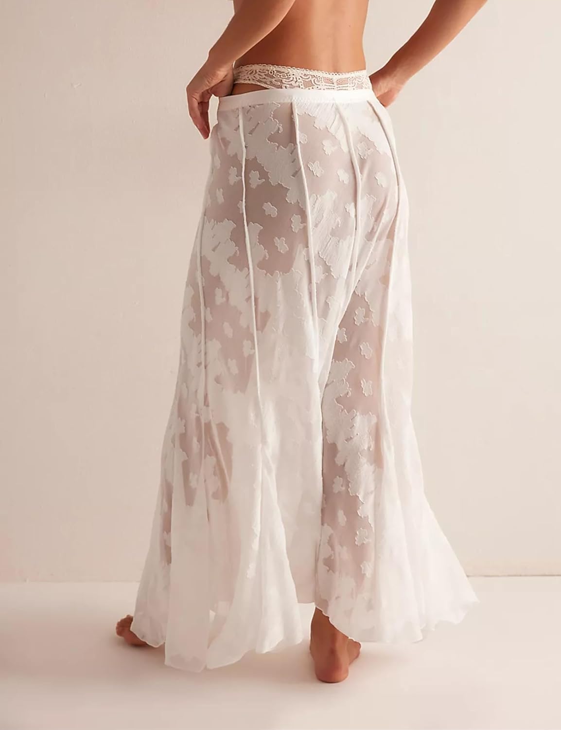 Women Lace See Through Long Skirts Semi Sheer Jacquard High Waist Half Slip Flowy Maxi Skirt for Beach