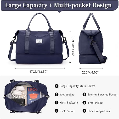 Miniatura 3 de Bolsas de fin de semana para mujer, bolsa de viaje para artículos personales con compartimento para zapatos, bolsa de viaje con bolsillo para ropa