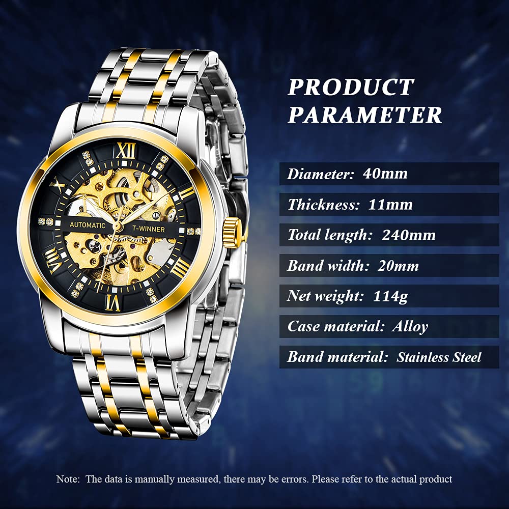 Tiong Wacthes - Orologio da polso da uomo, in acciaio inox, impermeabile, con movimento a scheletro, impermeabile fino a 30 m