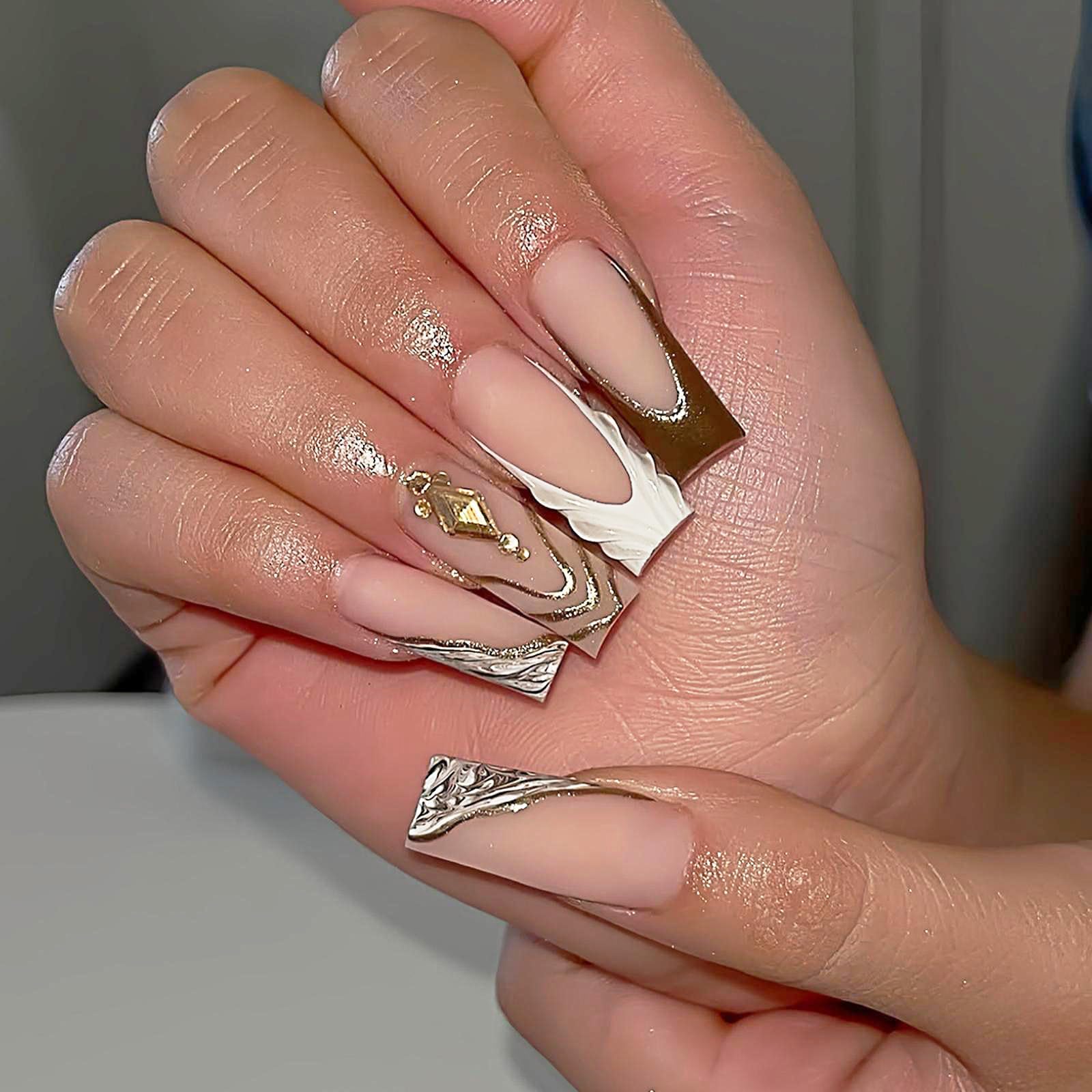 White French Tips Press on Nails Long Square Fake Nails with 5D Rhinestones Design Gold Curve False Nails Glossy Silver White Marble Stick on Nail Glitter French Tips Nail for Women Manicure 24Pcs