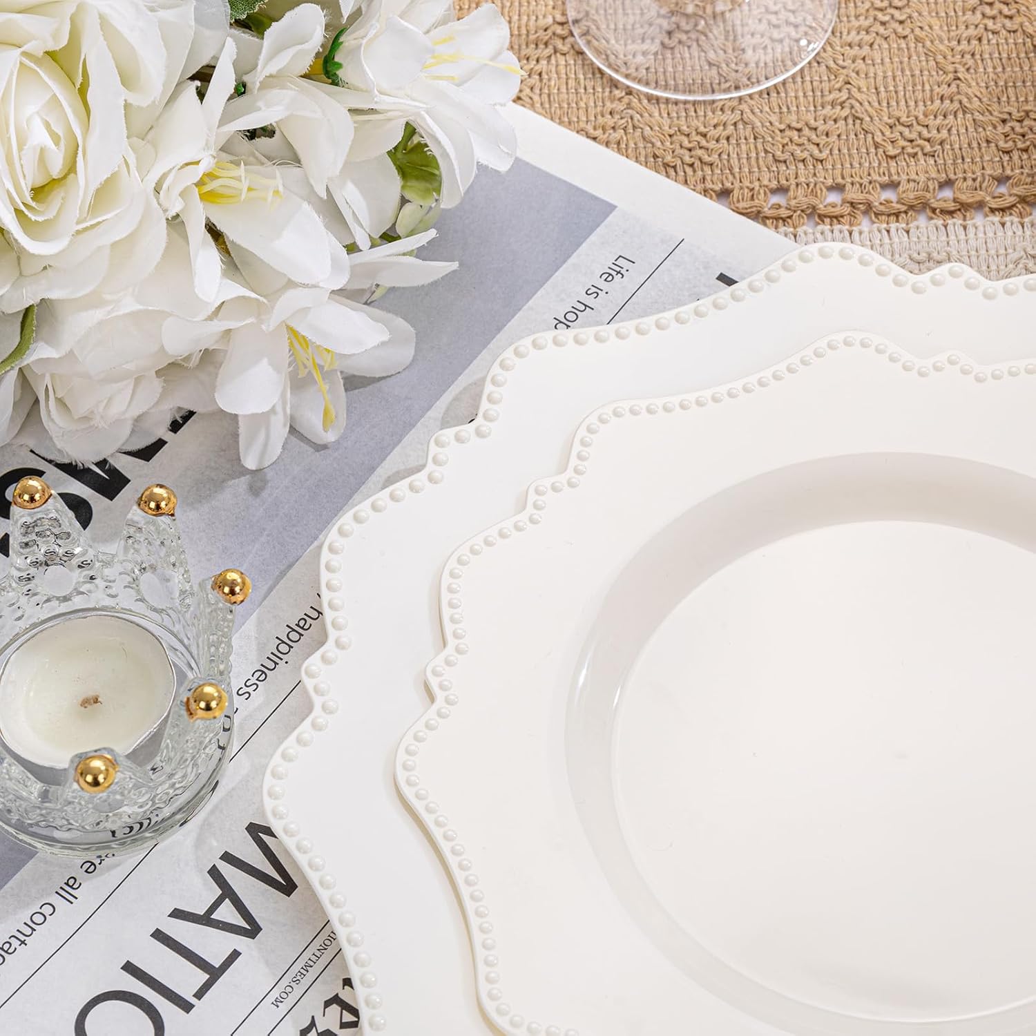 COLOSUS 60pcs Ivory Plastic Plates -Elegant Plastic Plates,Heavy Duty Cream Disposable Plates for Party Include 30 pcs Dinner Plate and 30 pcs Dessert Plate for Wedding/birthday/baby shower - Image 6