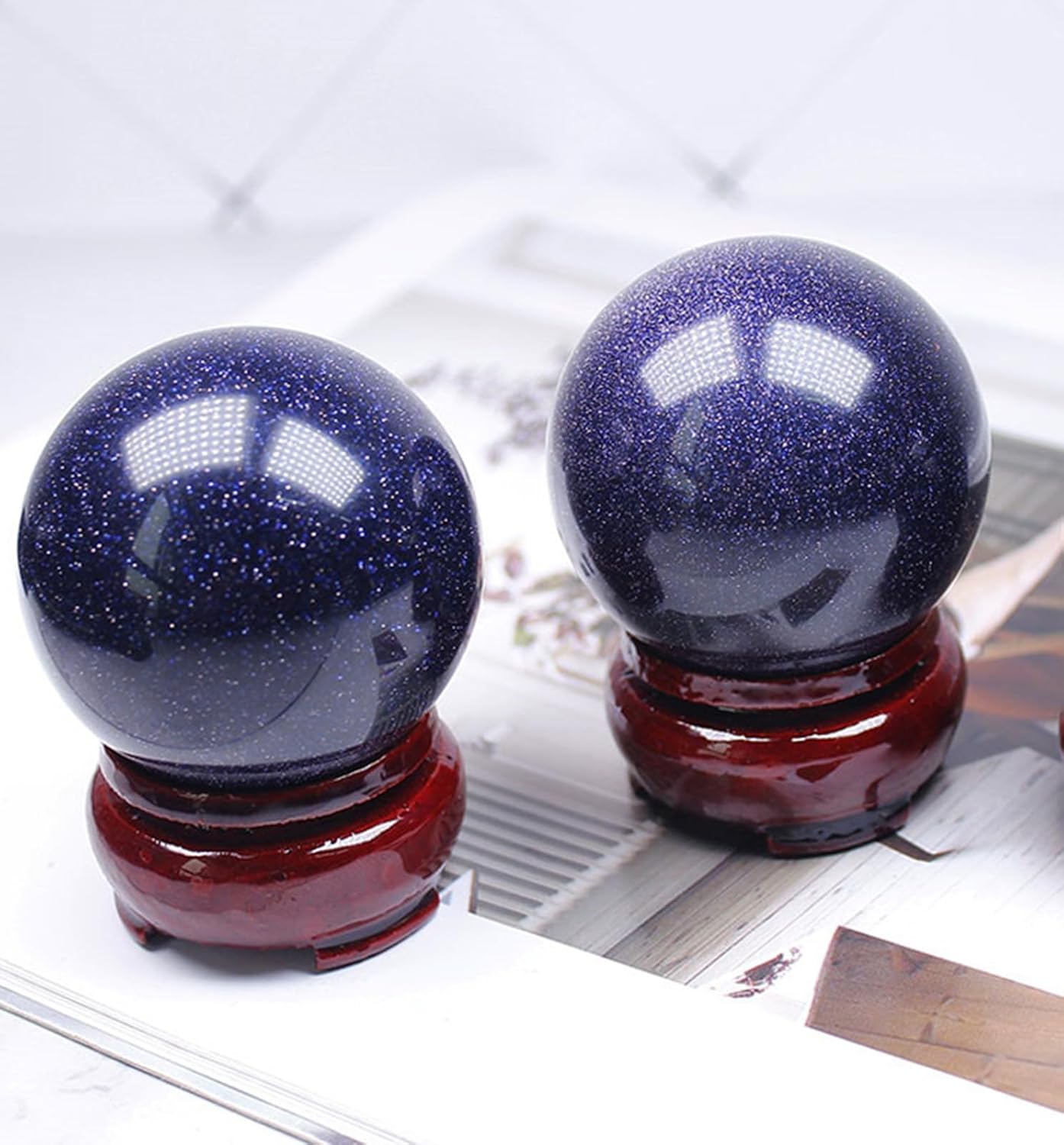 Decorative Quartz Crystal Ball Blue Sandstone Sphere with Wood Stand Crystals Round Collection Home Decor Crafts,40~50mm