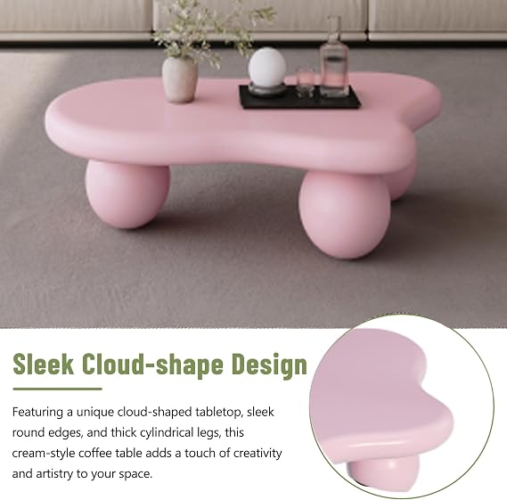 Modern Cloud Coffee Table with 3 Ball Legs, 47 Cute Irregular Shaped Coffee Table, Low Center Table Tea Table for Small Space Living Room, Bedroom, Pink