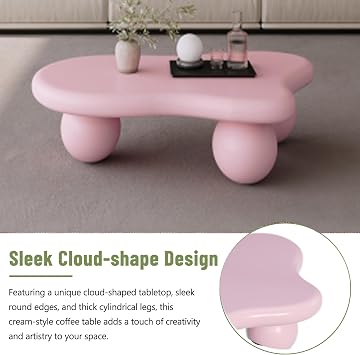 Modern Cloud Coffee Table with 3 Ball Legs, 47 Cute Irregular Shaped Coffee Table, Low Center Table Tea Table for Small Space Living Room, Bedroom, Pink