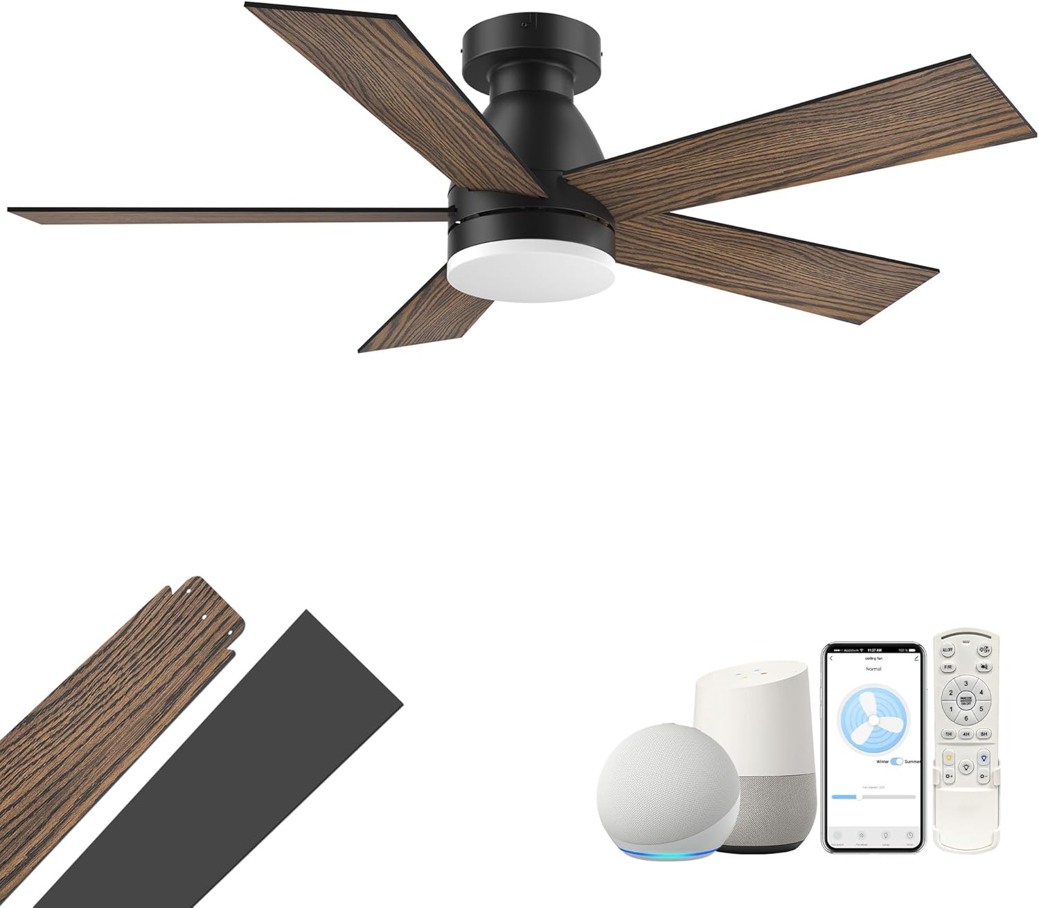 Livory 42In Smart Ceiling Fans with Lights and Remote,Control via Voice Alexa App,Noiseless,Reversible,Flush Mount Low Profile Ceiling Fan for Modern Bedroom,Patio,Outdoor/Indoor Use,Black and Walnut