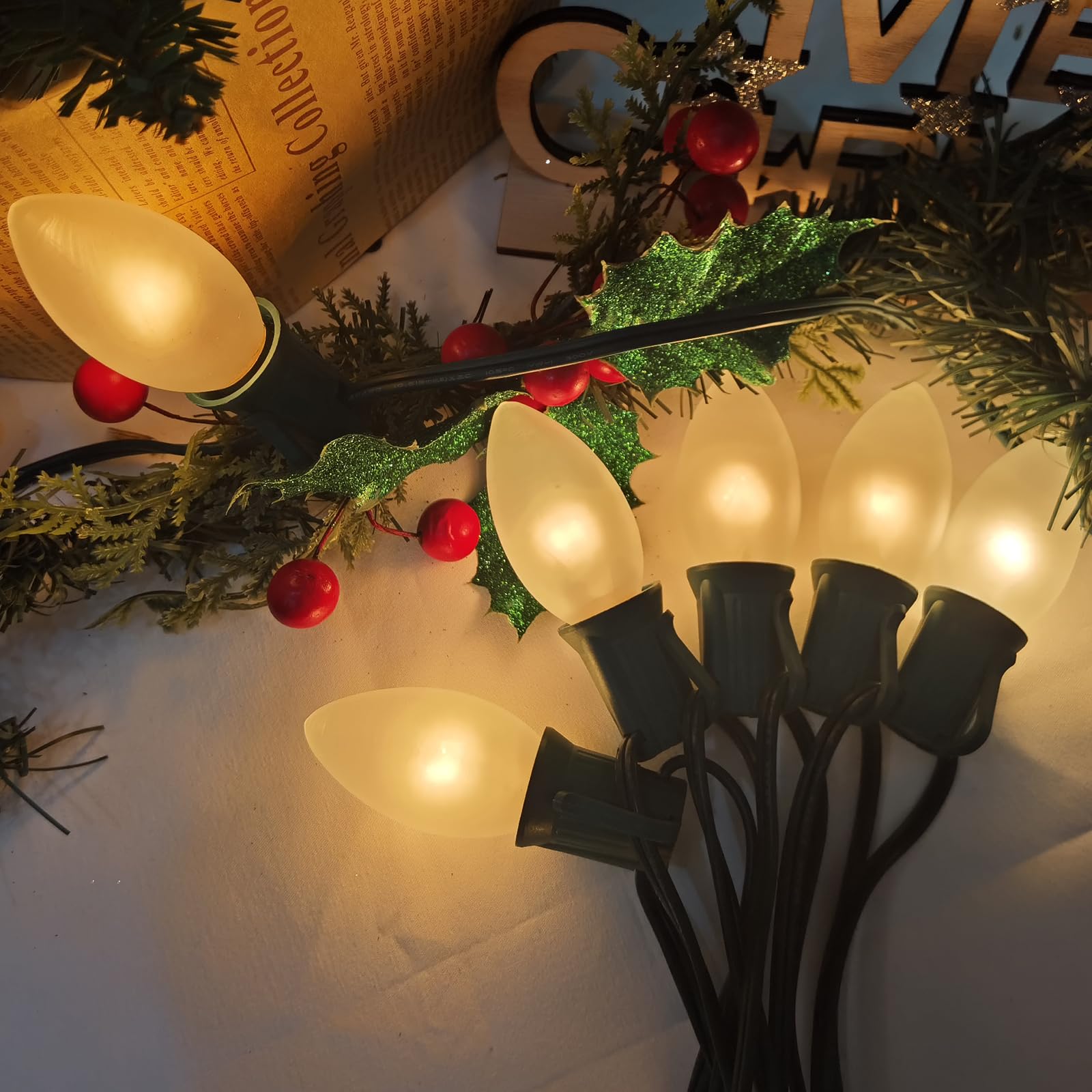 25Ft Frosted White Christmas Lights C9 Vintage Christmas String Lights with 26 Frosted White Bulbs(1 Spare) Hanging Outdoor String Lights for Patio Holidays Christmas Prom Party Wedding- Green Wire