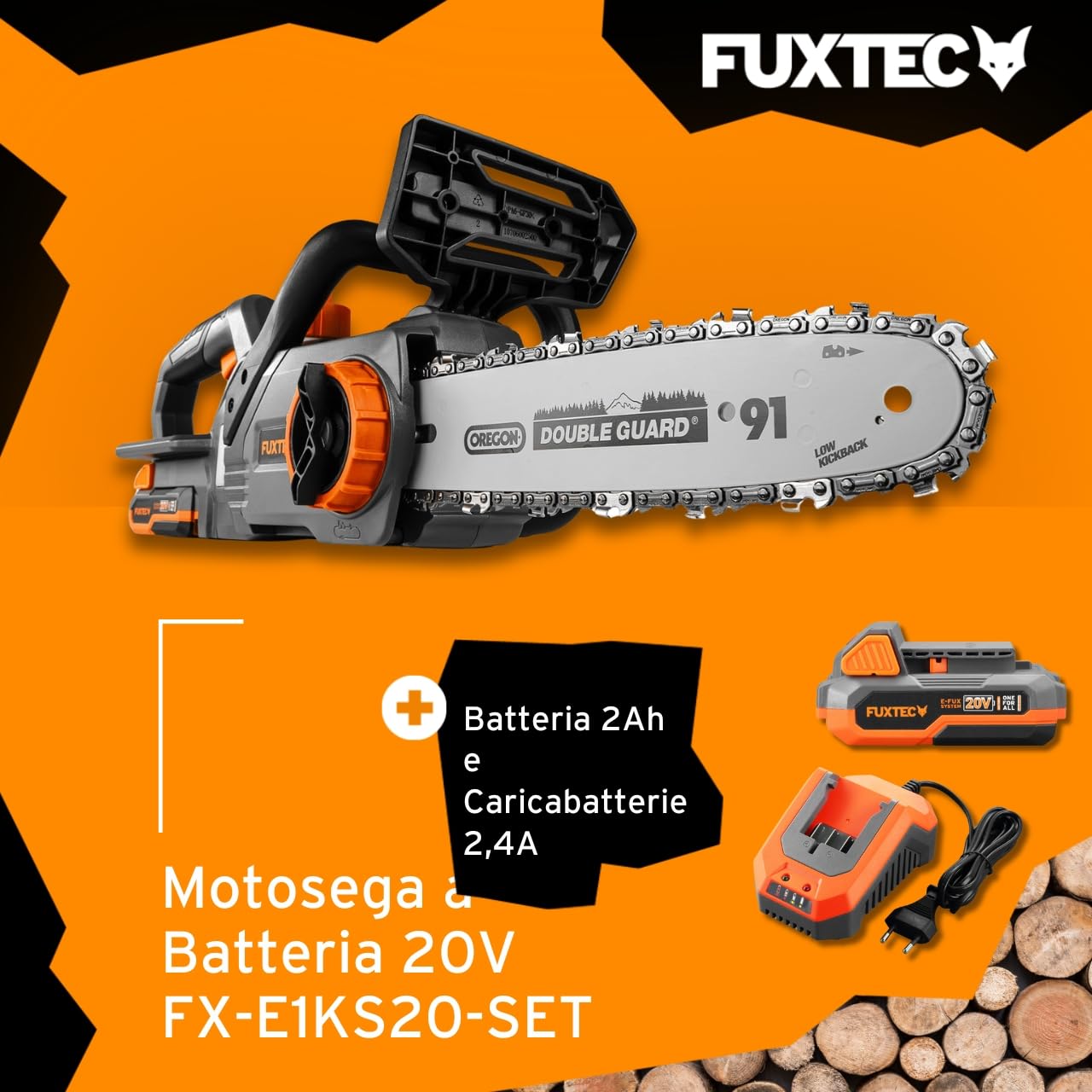 Motosega a batteria 20V FUXTEC FX-E1KS20 – con batteria e caricatore – lunghezza di taglio 24 cm (10 pollici) velocità della catena di 5m/s – leggera e compatta