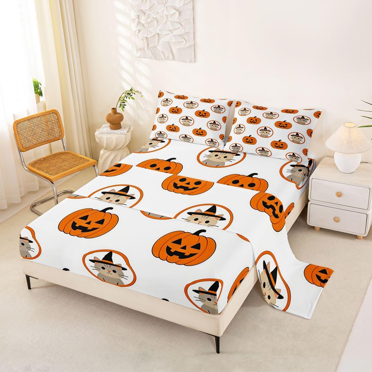 Feelyou Halloween Pumpkin Bed Sheets Set Kids Boys Queen 16 Inch