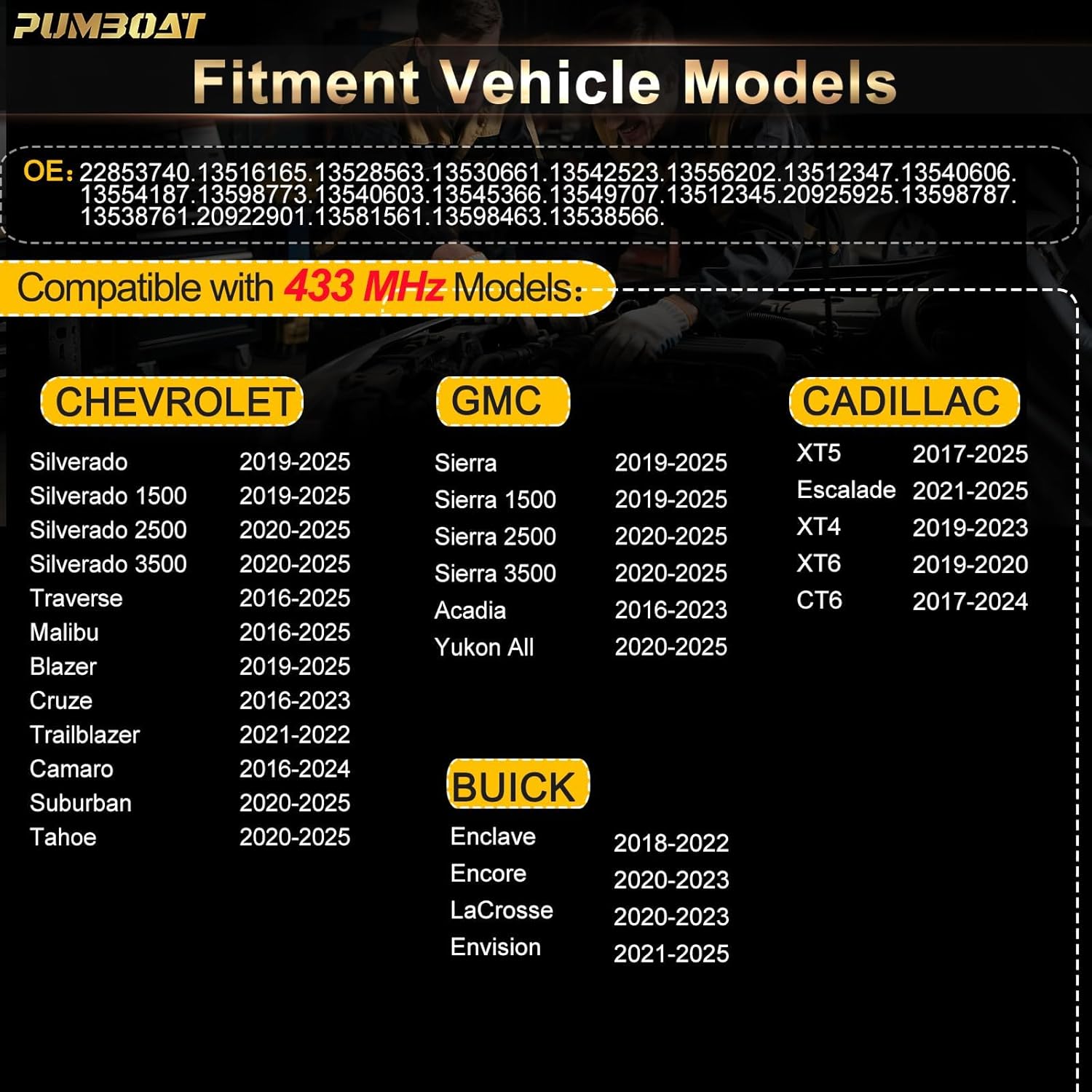 TPMS 433Mhz Pre-programmed Tire Sensor Compatible With CHEVROLET Silverado(19-25)|Traverse(16-25)|Malibu(16-25)|Blazer(19-25)|Cruze(16-23)|Camaro(16-24)|Suburban(20-25)|Tahoe(21-25)#(Set of 4)