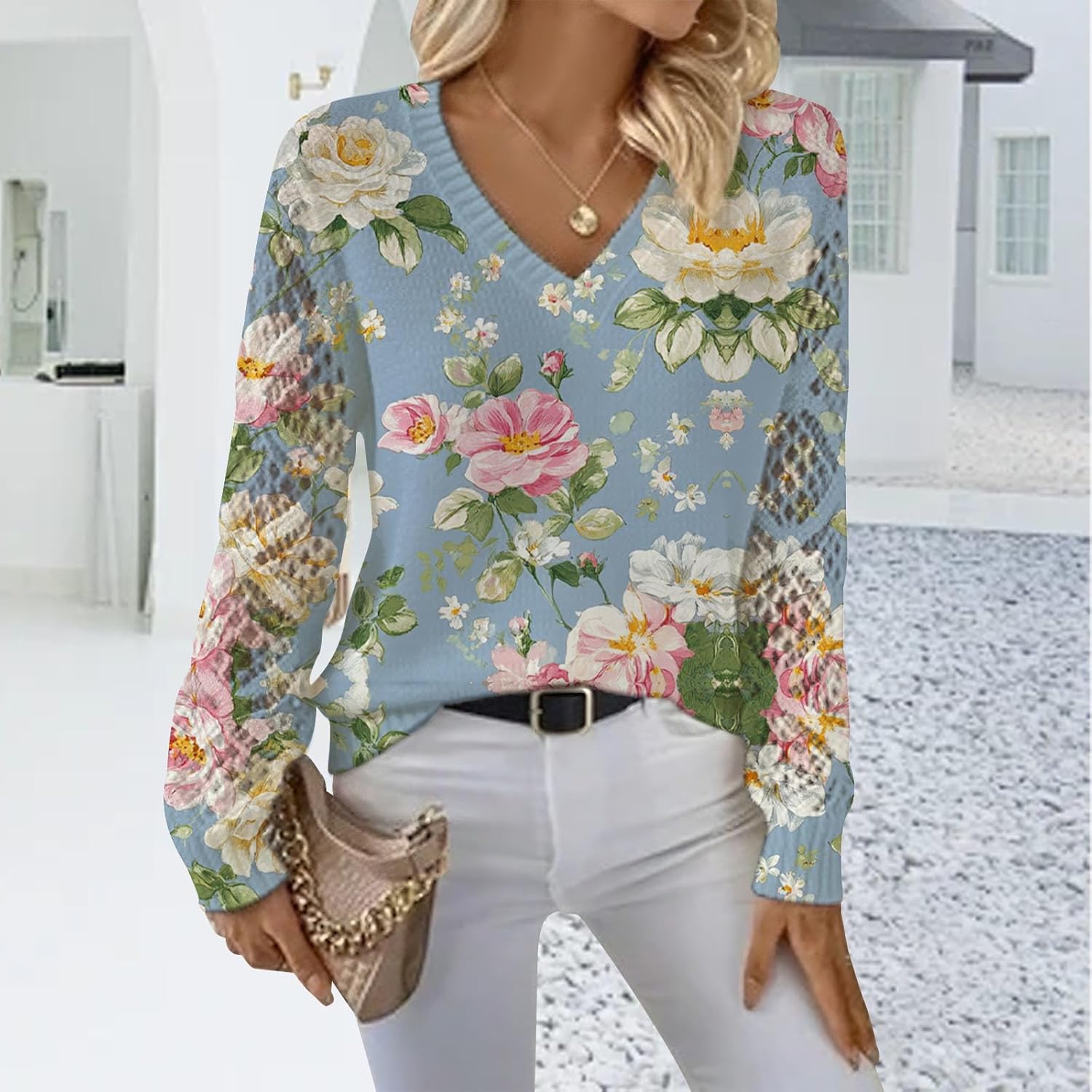 Geleglaer Womens Floral Print Sweater Long Sleeve V Neck Crochet Sweaters Fall Casual Lightweight Knitted Pullover Tops