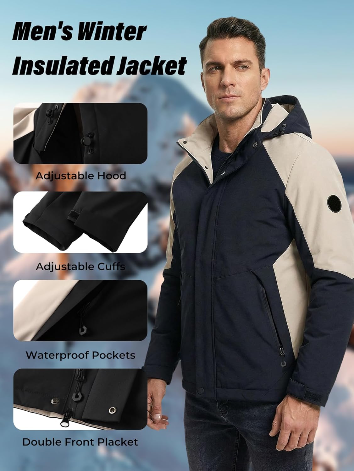 Detachable Hood Winter Coats for Men Work Insulated Jacket Waterproof Thermal Cold Weather Clothes for Outdoor Ski