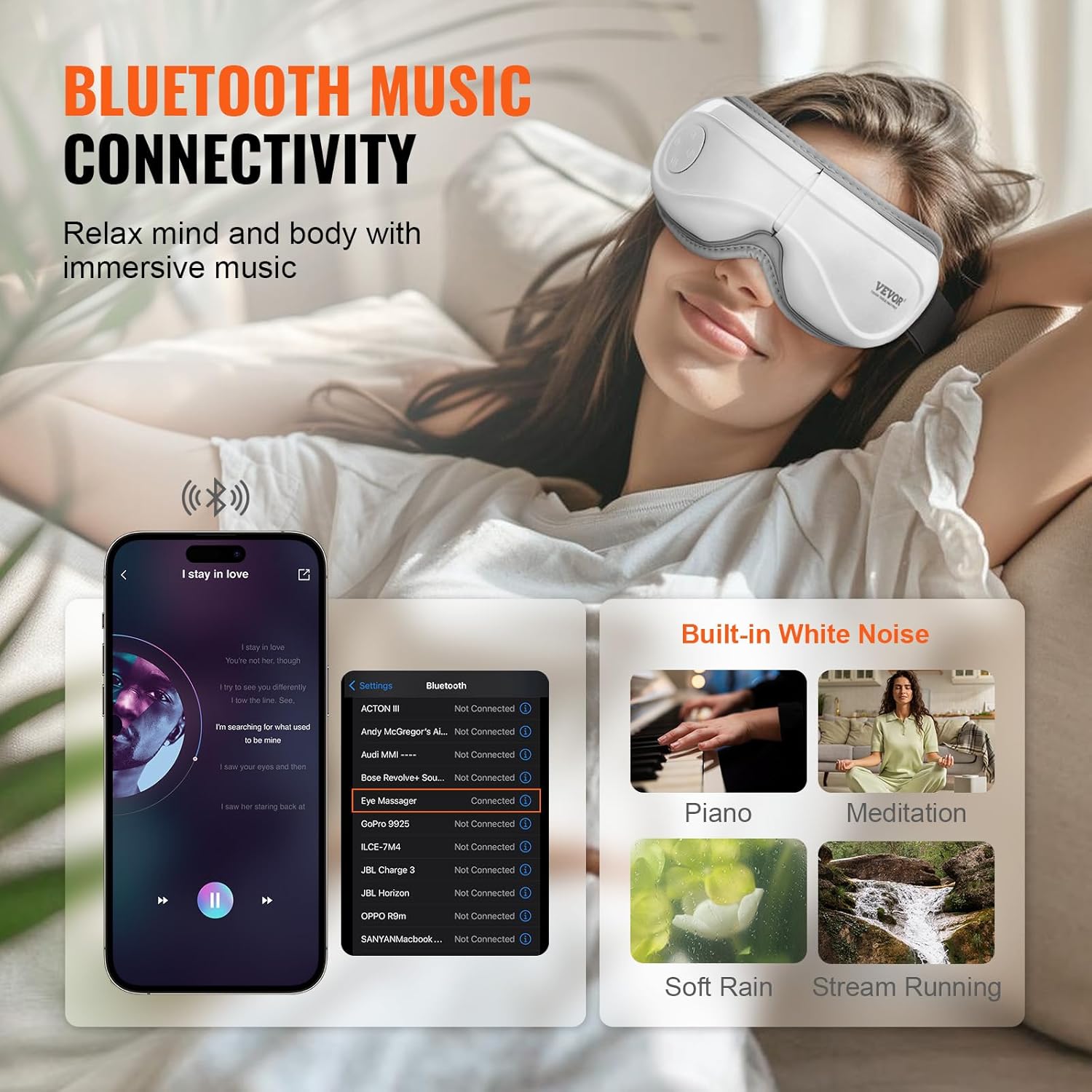 VEVOR Eye Massager with Heat, Heated Eye Massage Mask with 5 Modes and Bluetooth Music, 180° Foldable Eye Care Massager for Migraines, Eye Strain, Dark Circles, Ideal Gift for Mom/Dad, White