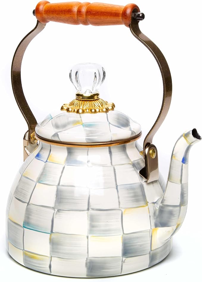 MACKENZIE-CHILDS Enamel Tea Kettle, Stylish Tea Kettle for Stovetop, Pink-and-White Rosy Check, 2 Quarts